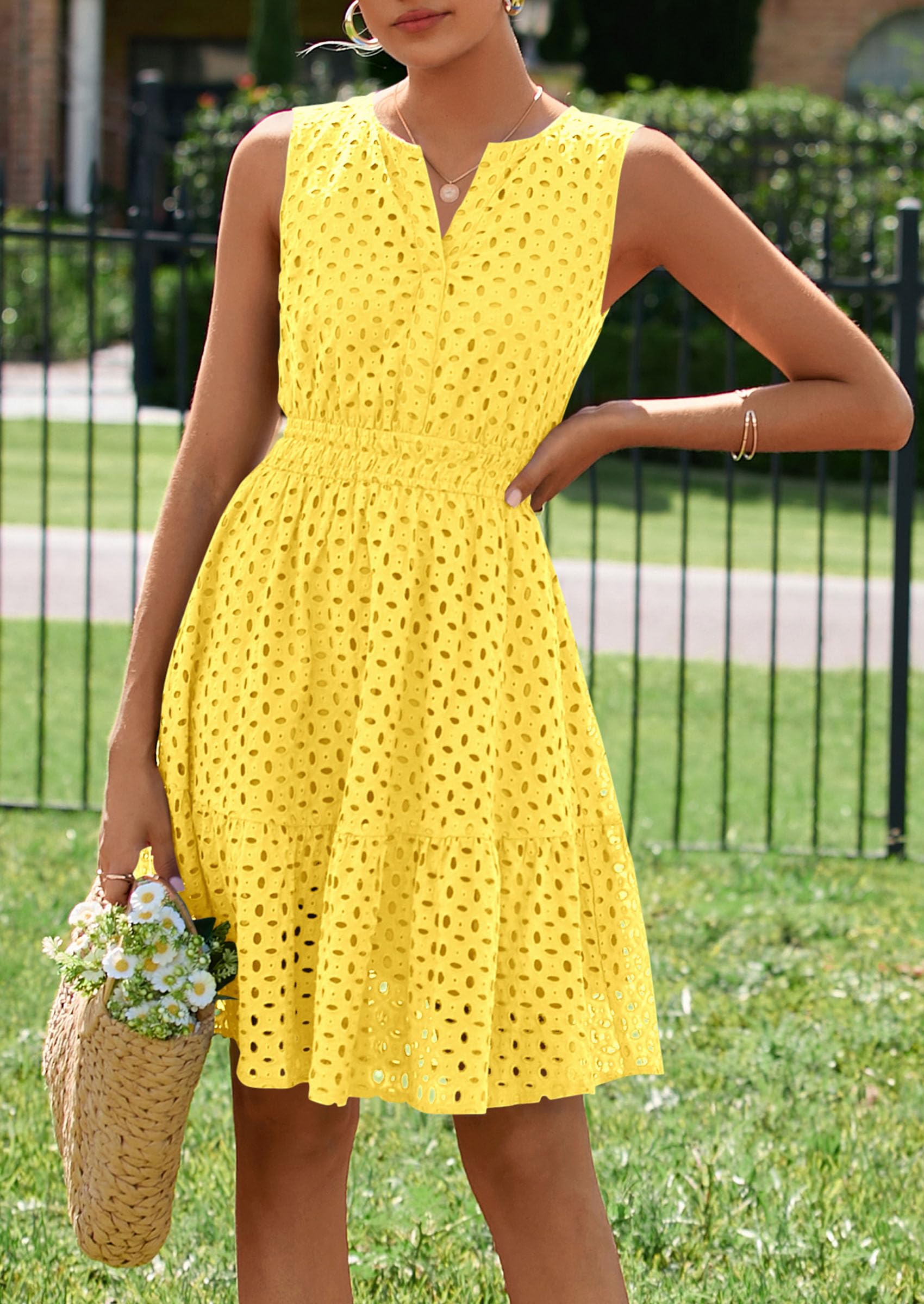 Women's Summer Eyelet A Line Short Dresses,Yellow,S