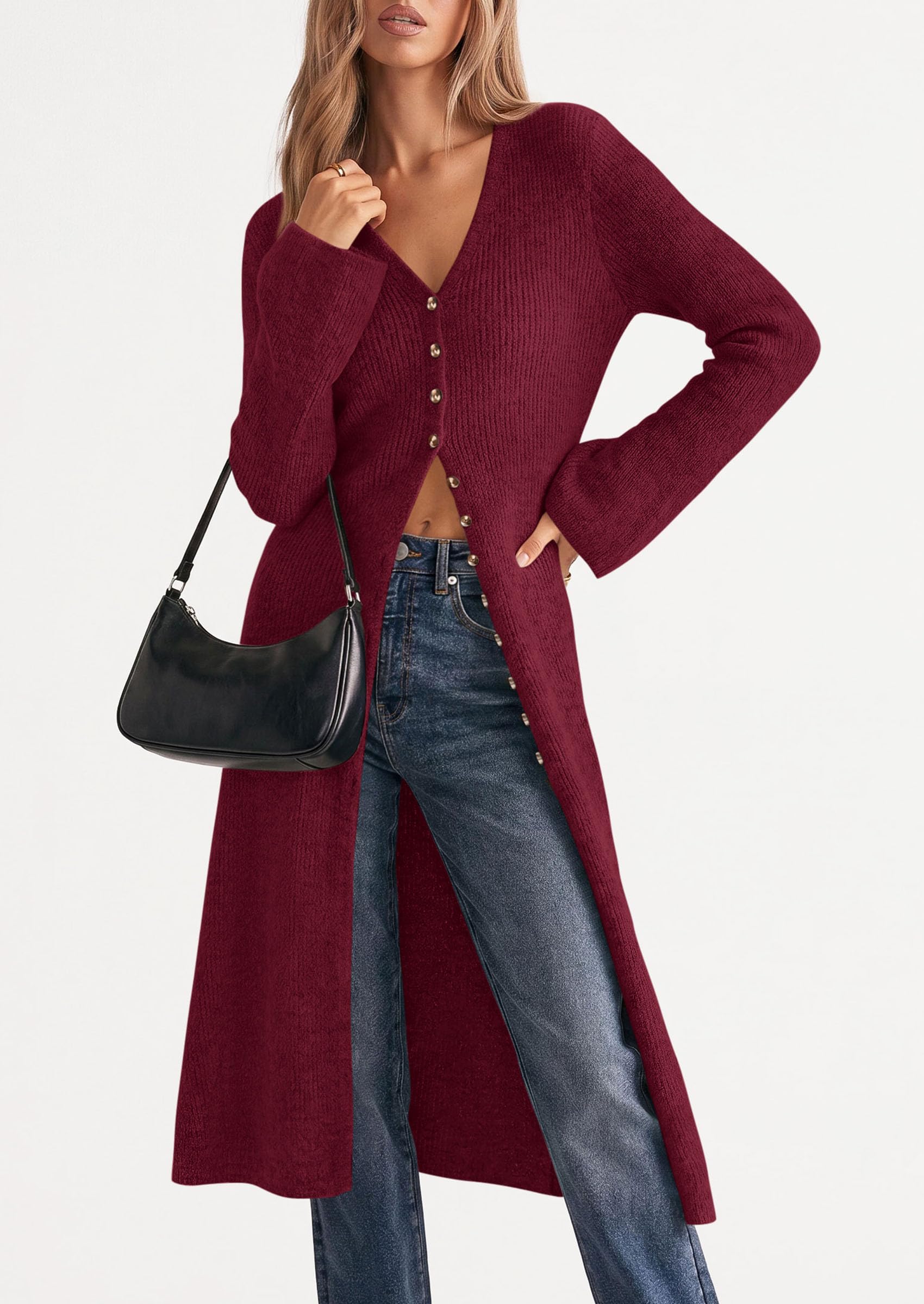 Women Long Cardigan Bell Sleeve Sweater Dress (Wine Red,S)