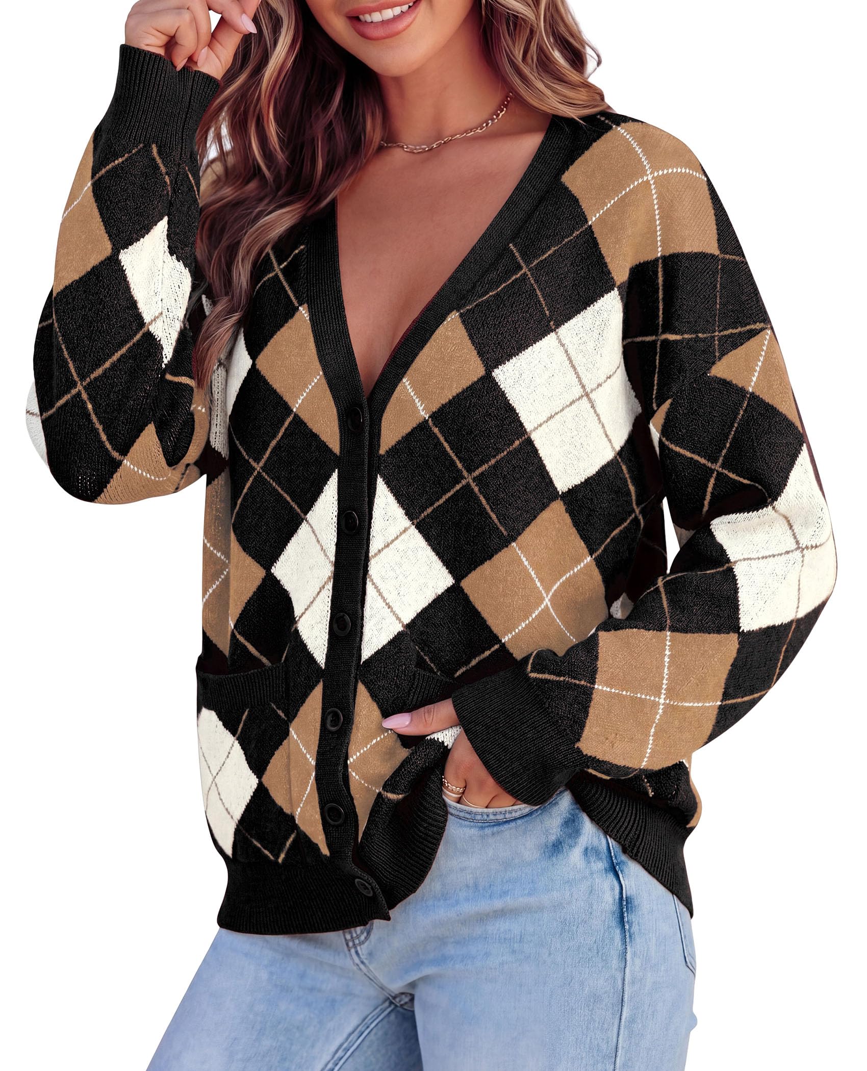 Women's Cardigan Argyle Winter Sweaters (Plaid Black,S)
