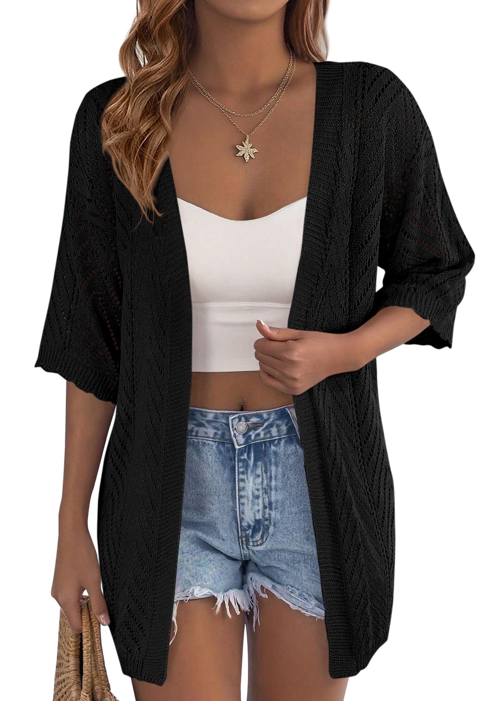 Women Lightweight Summer Short Sleeve Cardigan, Black,S