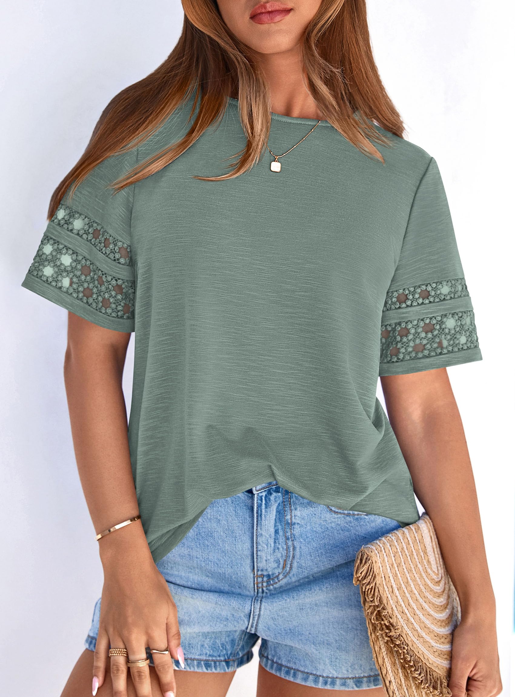 Women's Summer Short Sleeve Lace Trim T-Shirts,Sage Green,M