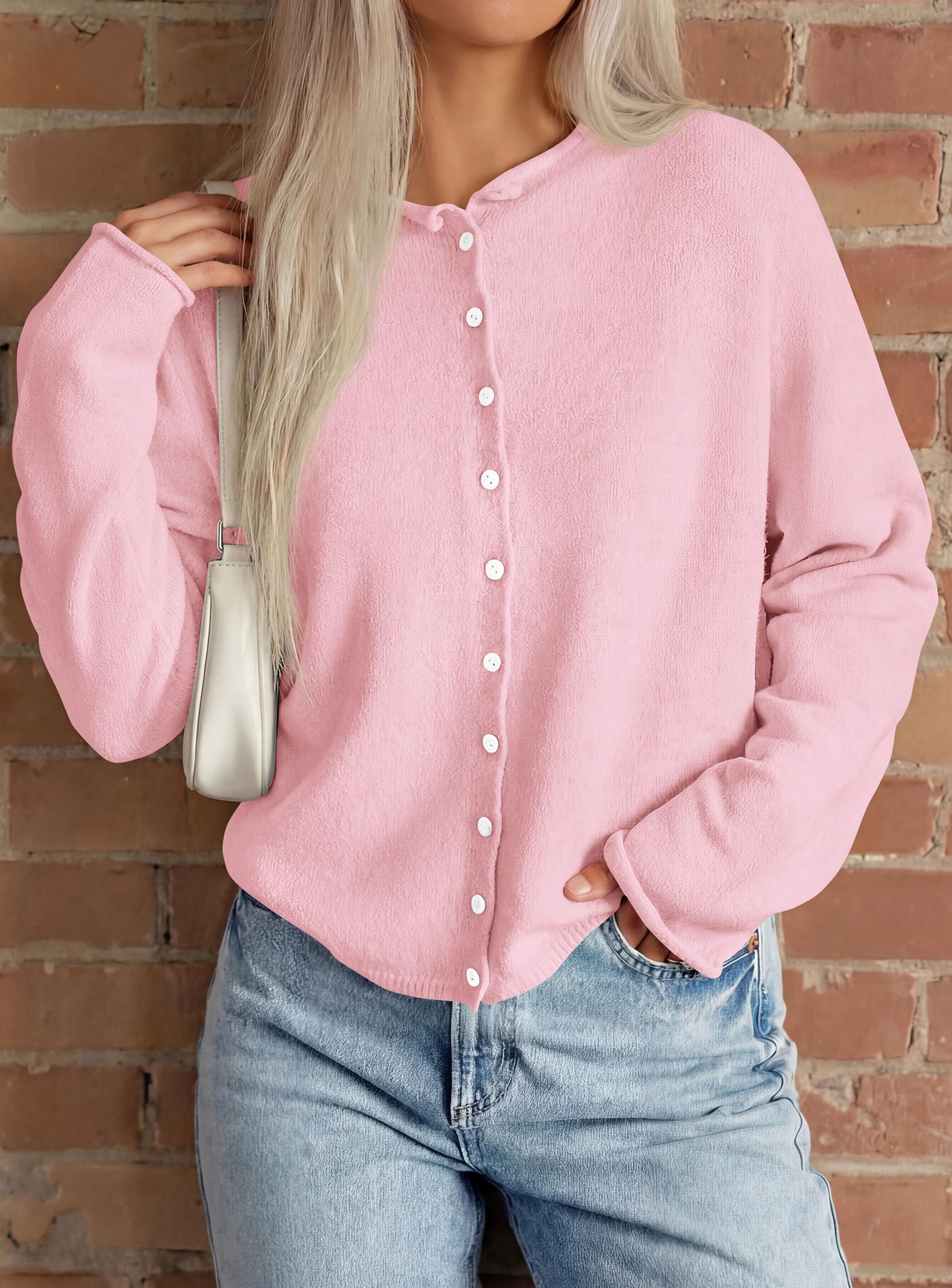 Button Up Cardigan for Women Knit Oversized Fall Sweaters Pink