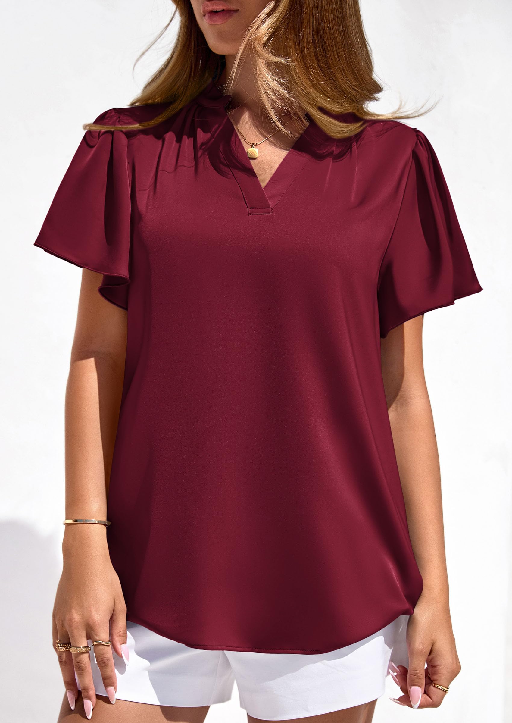 Women's Summer Satin Dressy Casual Blouses (Burgundy,M)