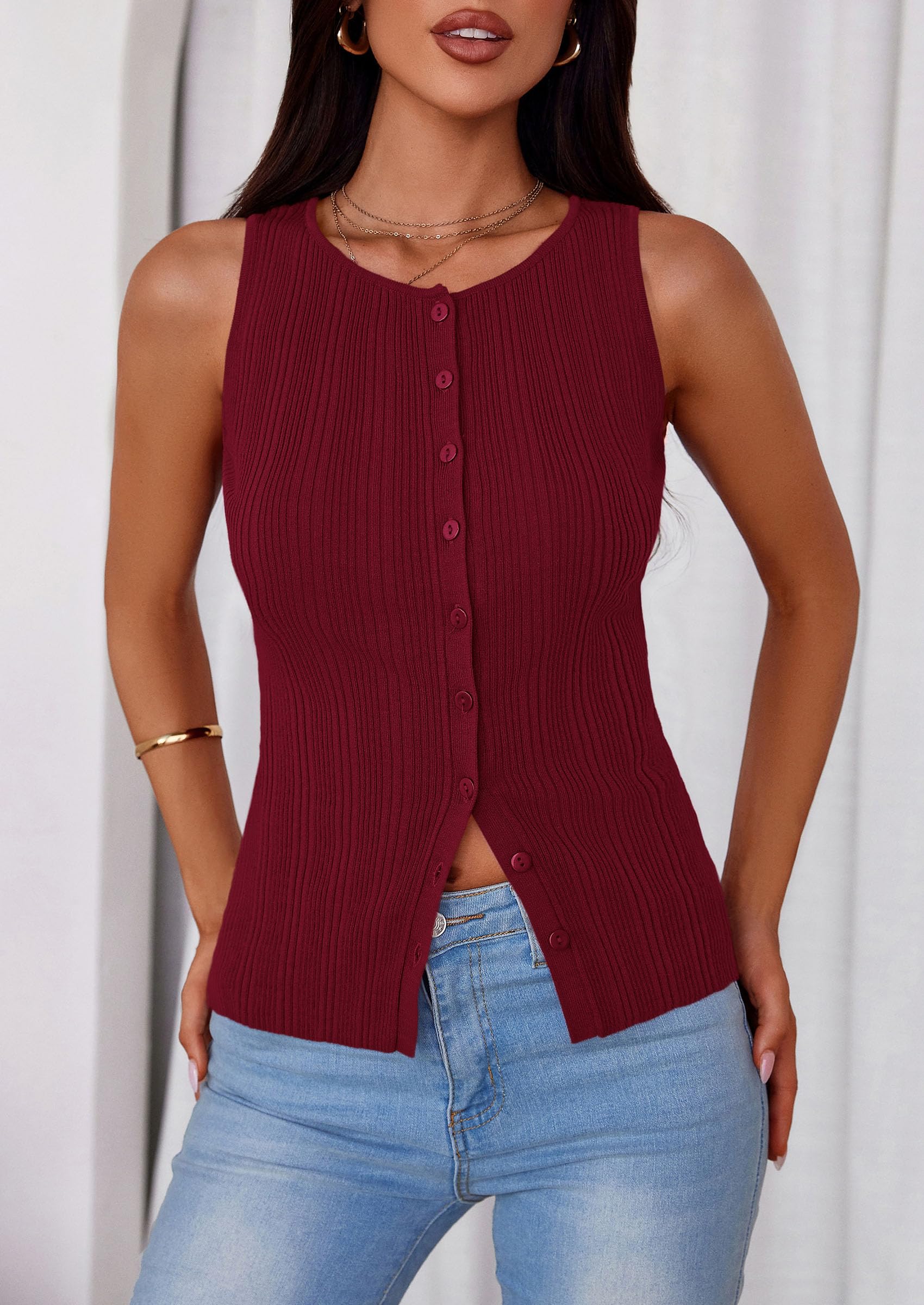 Sleeveless Button Down Shirts for Women Summer 2026 Going Out Ribbed Knit Tank Tops Y2K Clothes Trendy Vest Tops Wine Red