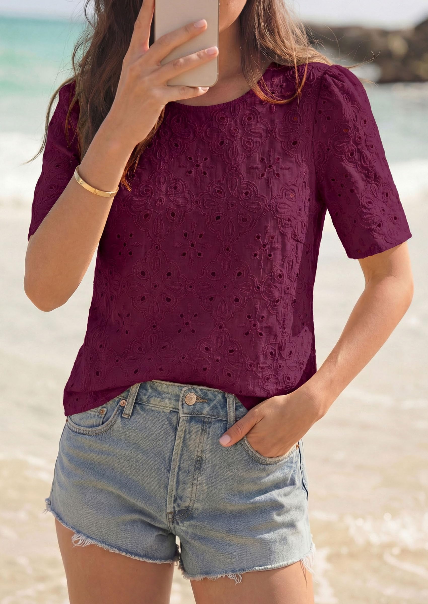 Women's Embroidered Eyelet Short Sleeve Blouse, Burgundy,XS