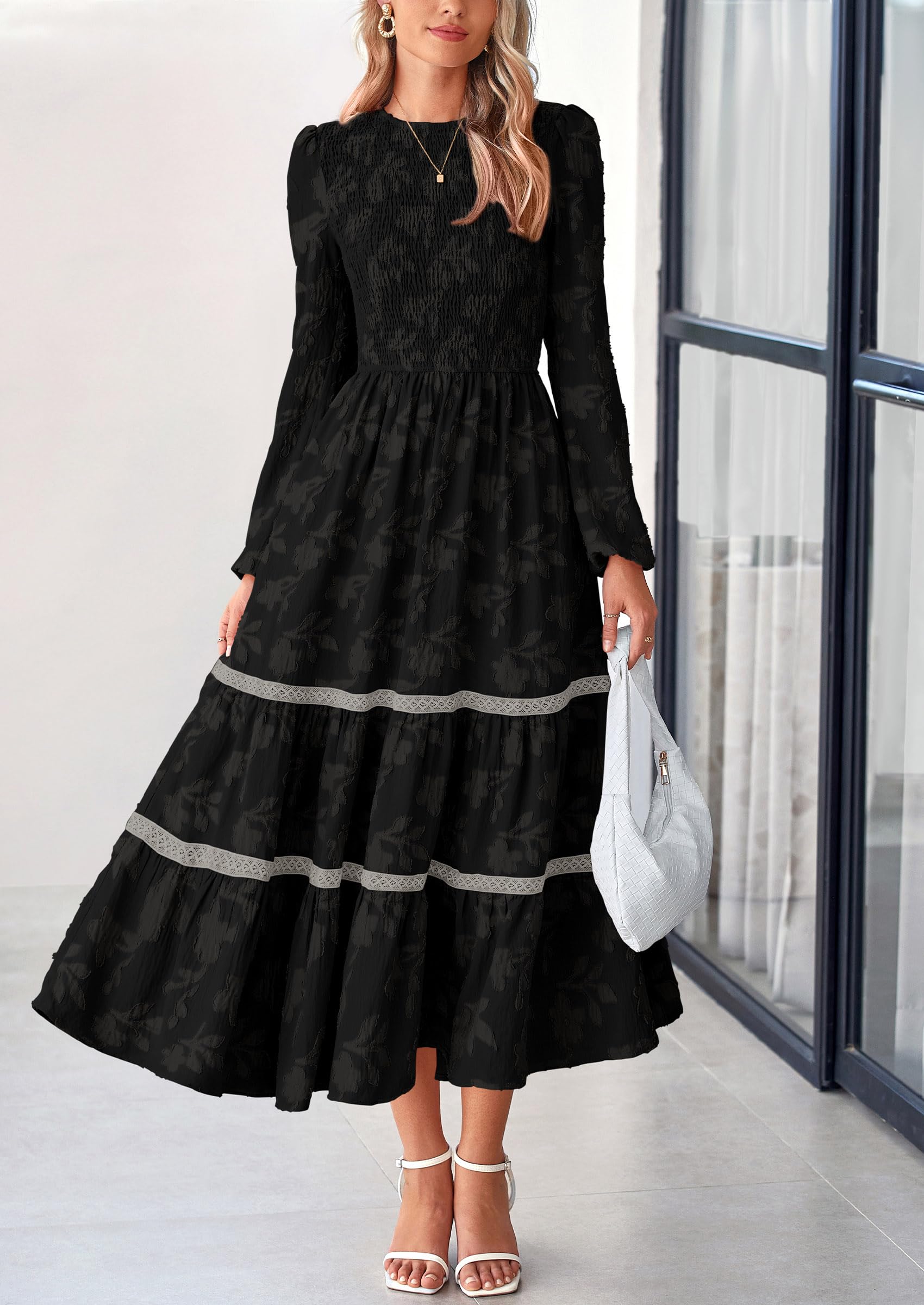 Women's Long Sleeve Boho Floral Midi Dress, Black,S