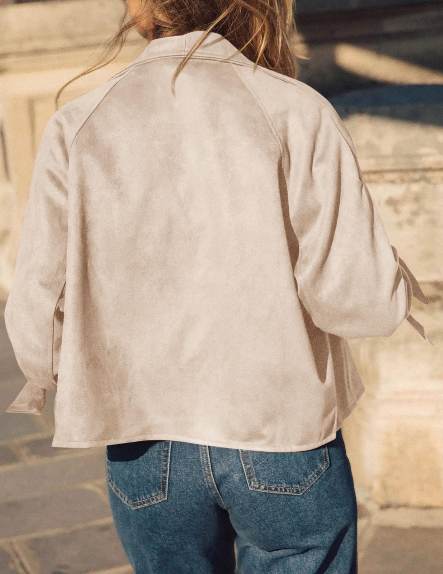Women Faux Suede Double Breasted Trench Coat Cropped Jackets