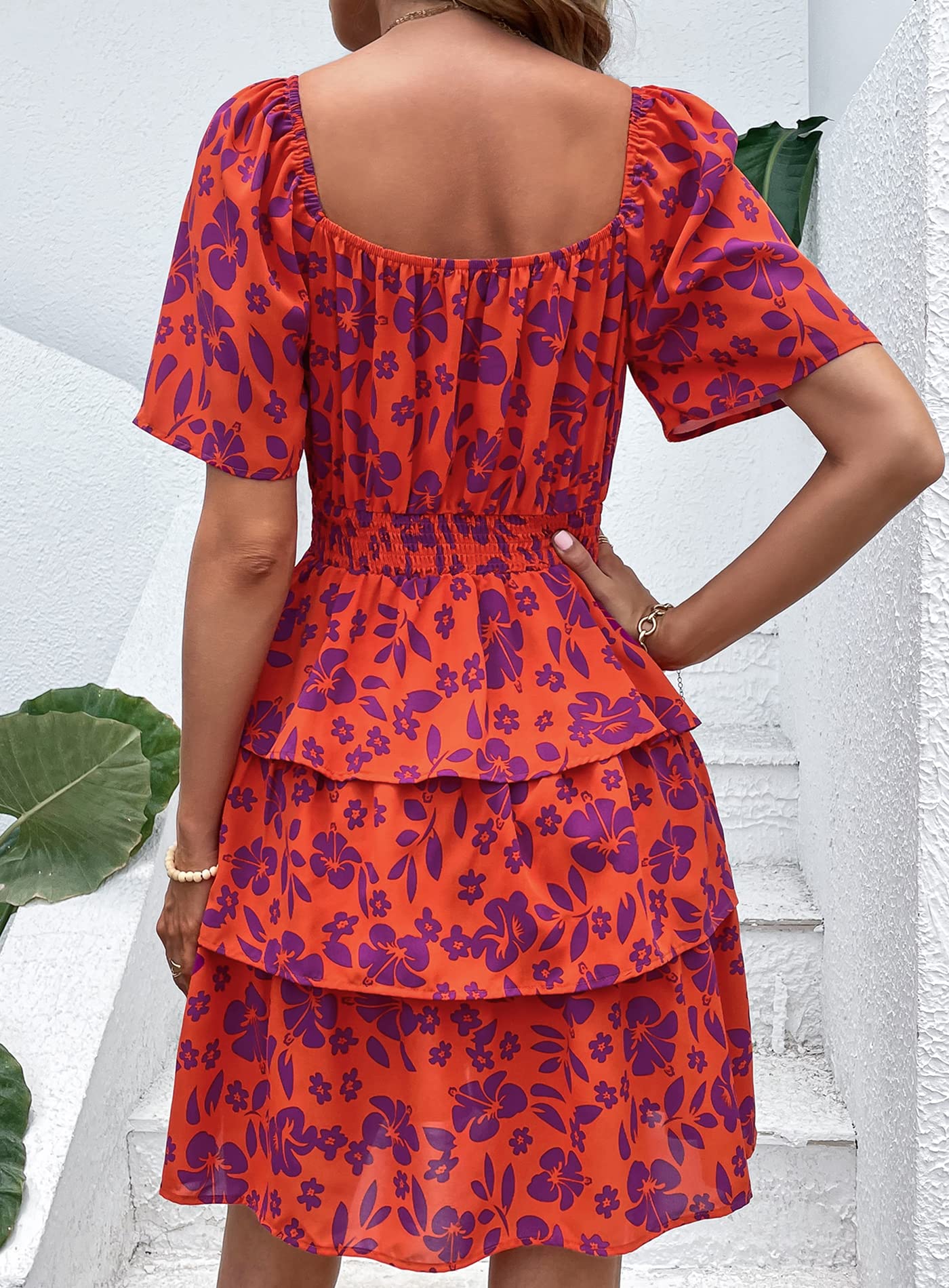 Women's 2025 Floral Summer Short Dress Square Neck Short Sleeve Tiered Ruffle Boho Swing Dresses (Orange Purple Floral,Small)