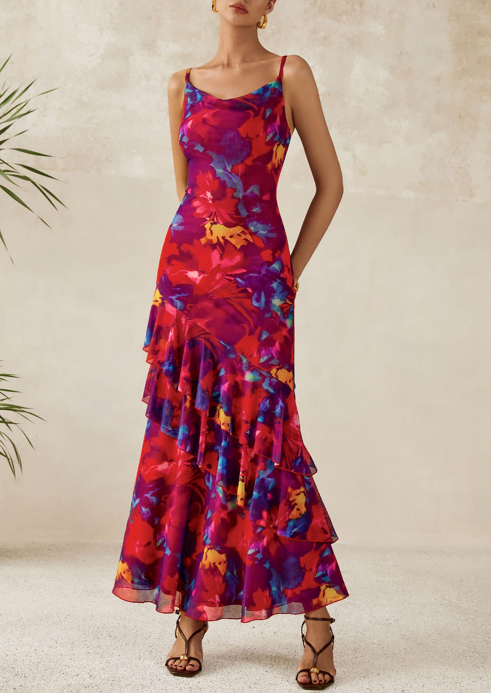 Women's Boho Floral Tiered Maxi Dress, Navy Red Big Floral,XS