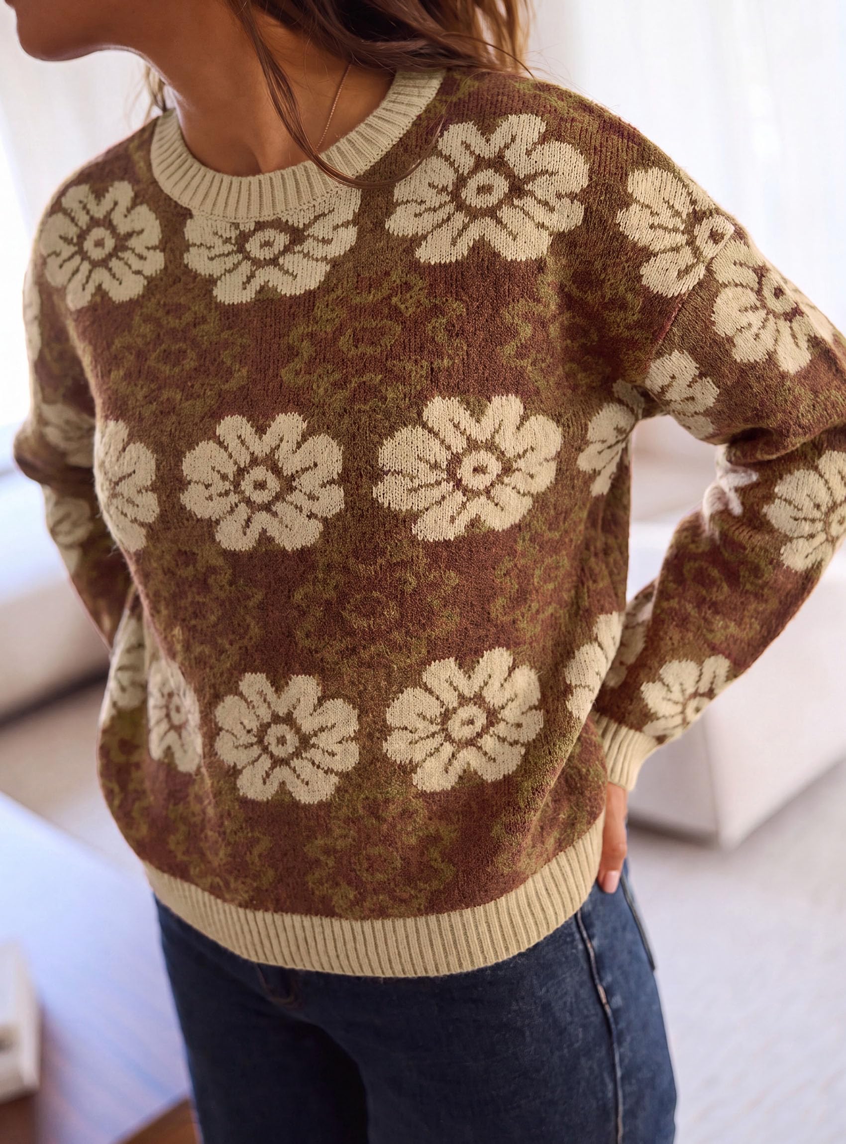Women's Floral Crewneck Sweater Knit Pullover,Brown,S