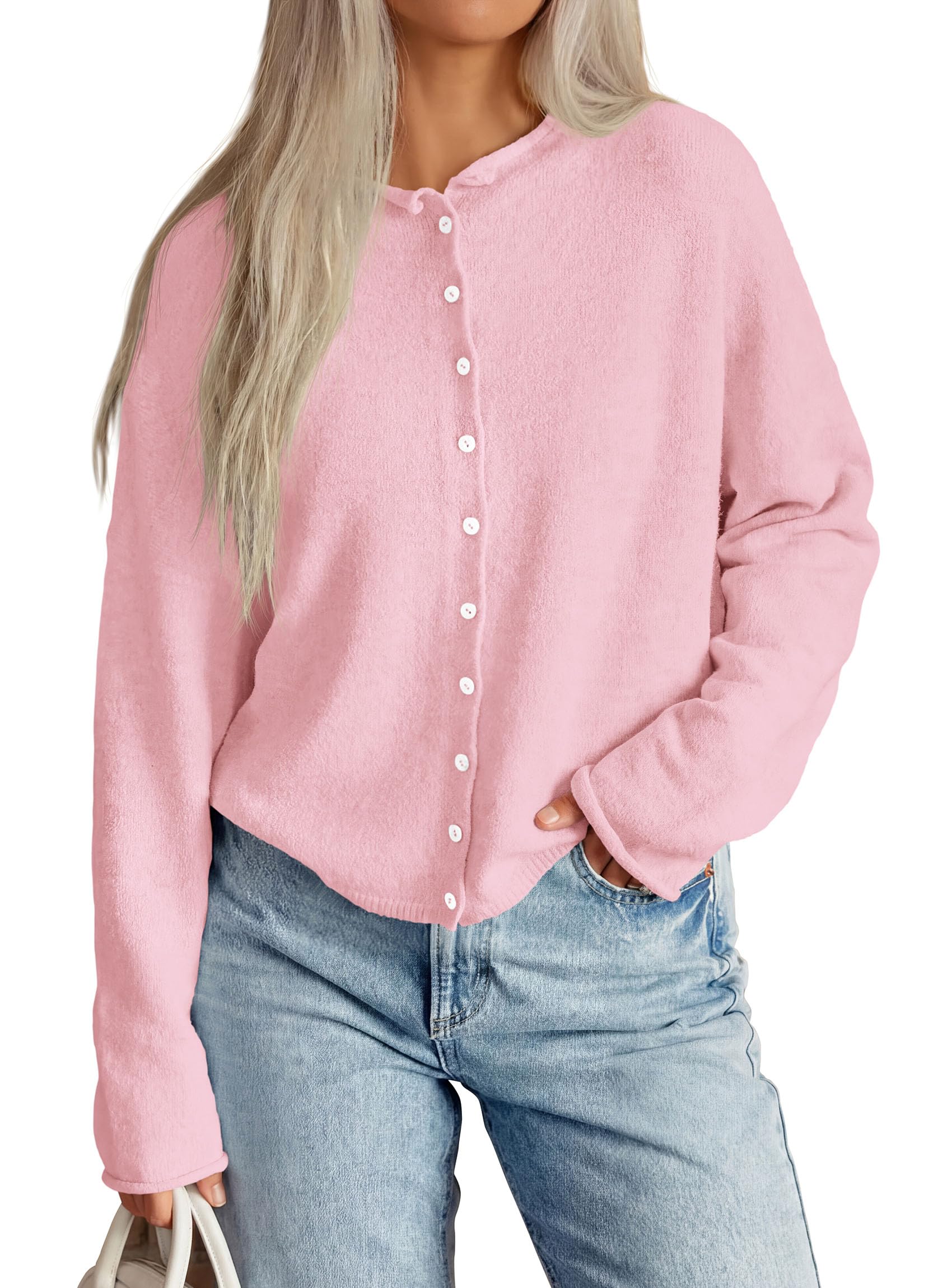 Button Up Cardigan for Women Knit Oversized Fall Sweaters Pink