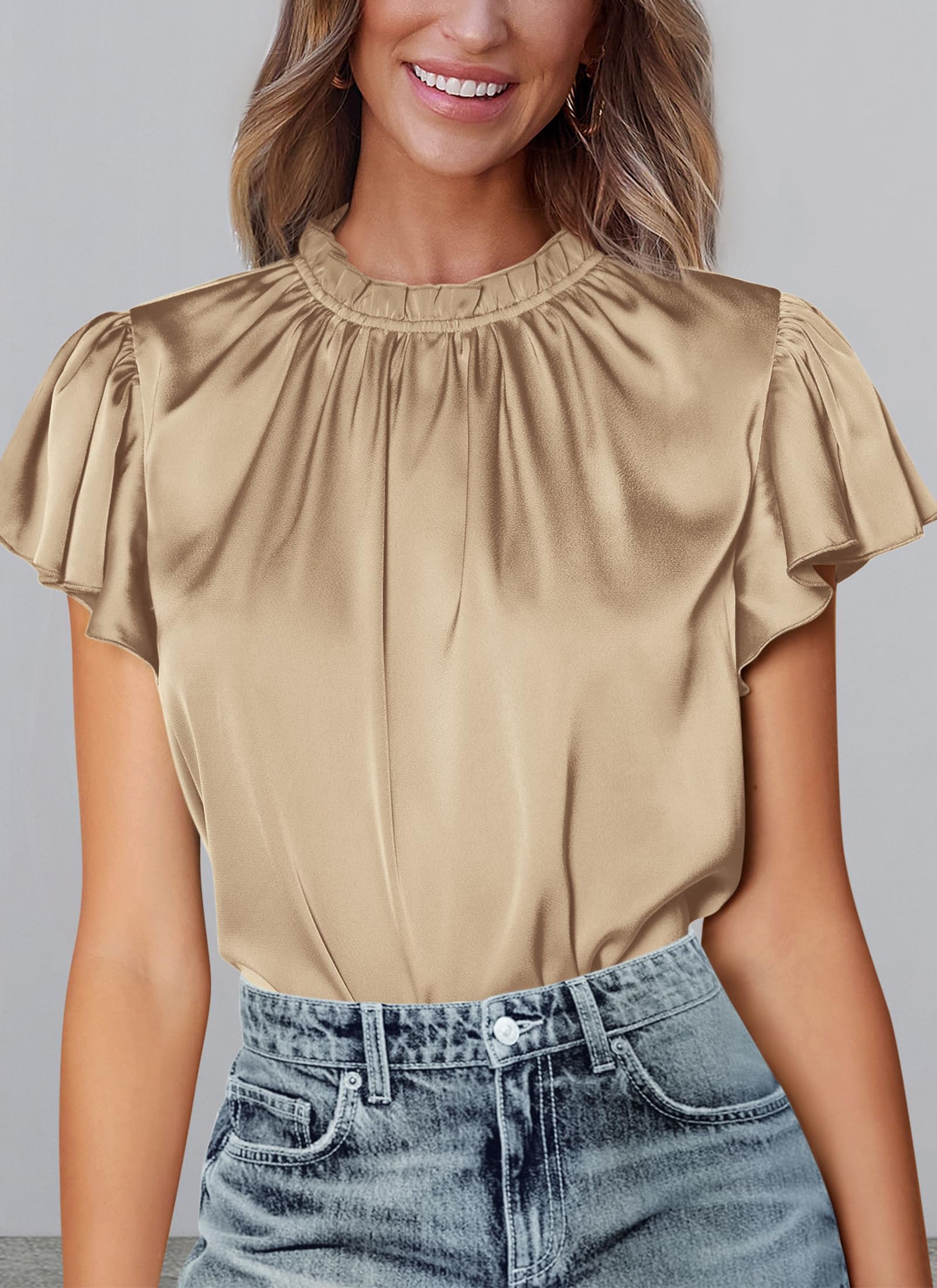 Women's Satin Tops Business Casual Work Blouses, Khaki,S