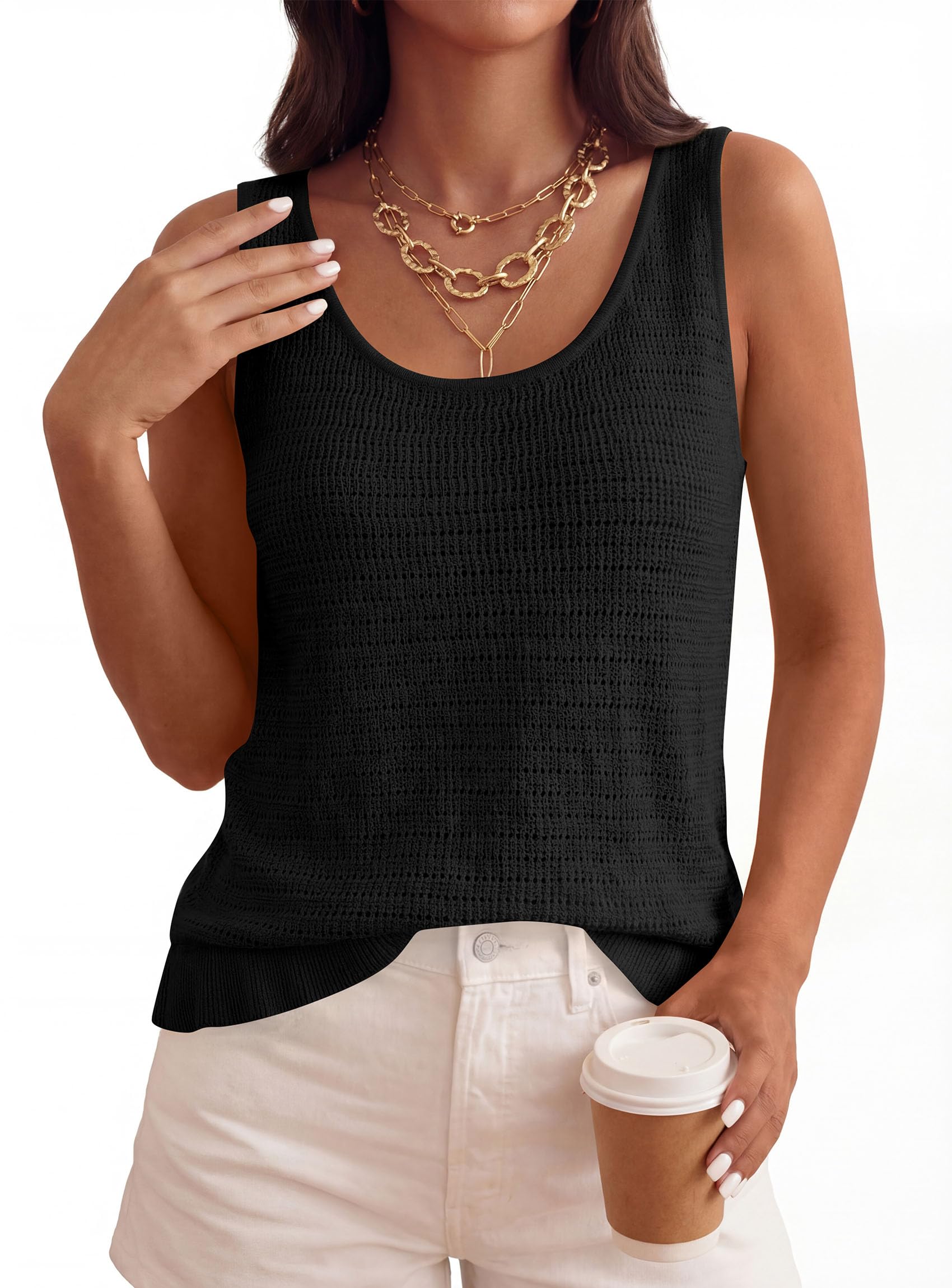 Women's Summer Crochet Knit Tank Tops,Black,S