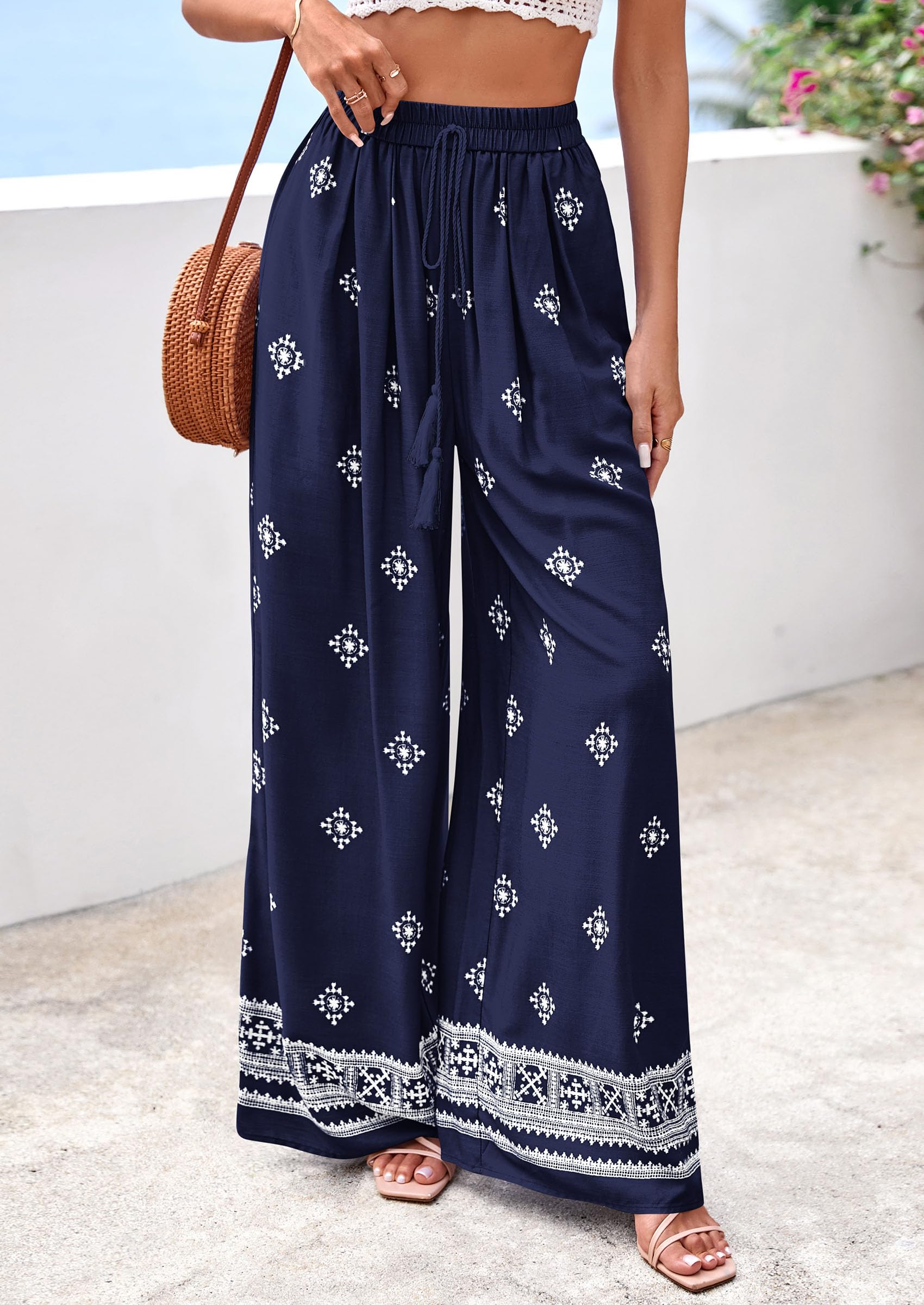 Wide Leg Flowy Boho Pants for Women, Navy Blue,S