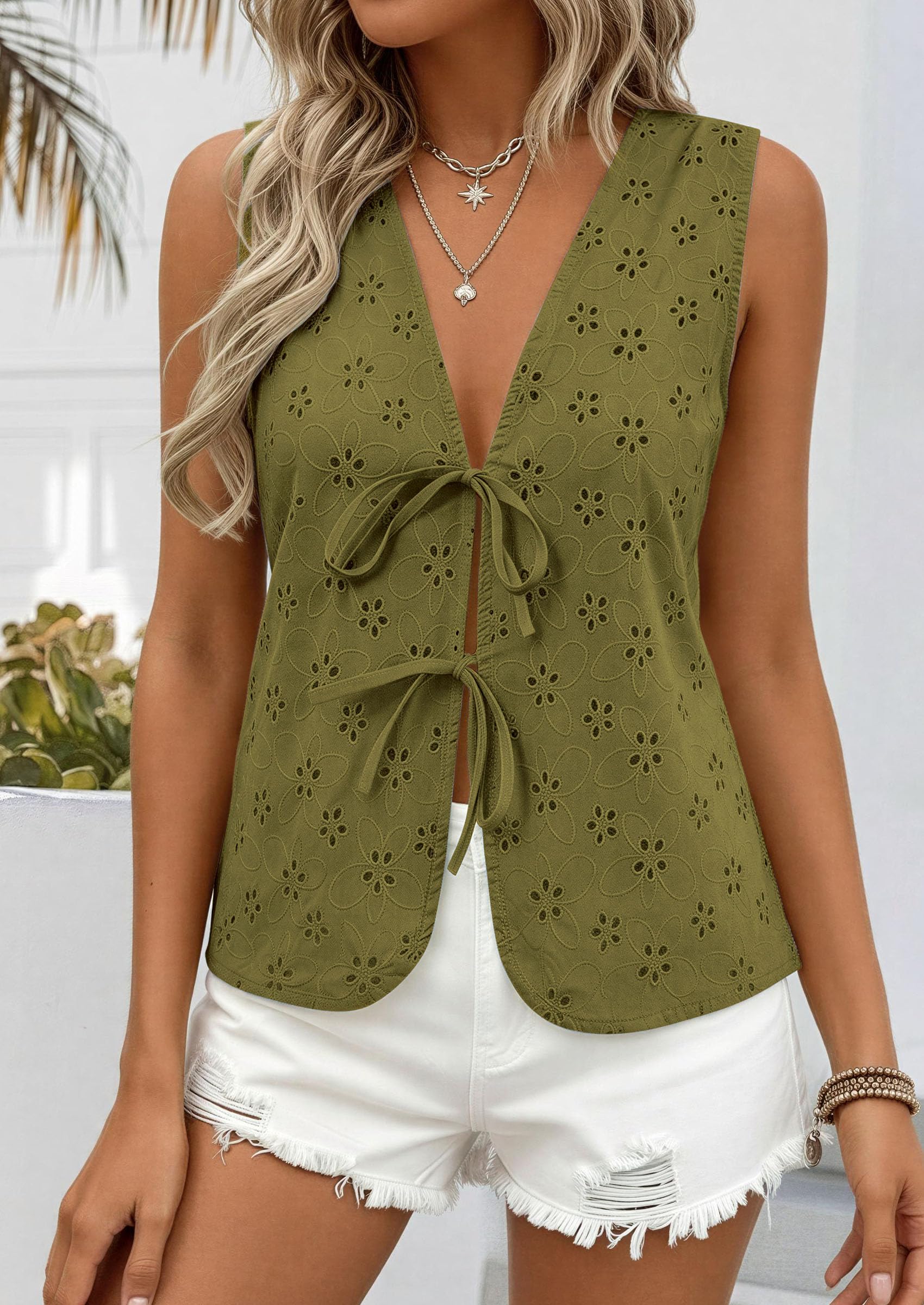 Women's Summer Eyelet Lace Tie Front Vest Tops (Army Green,S)