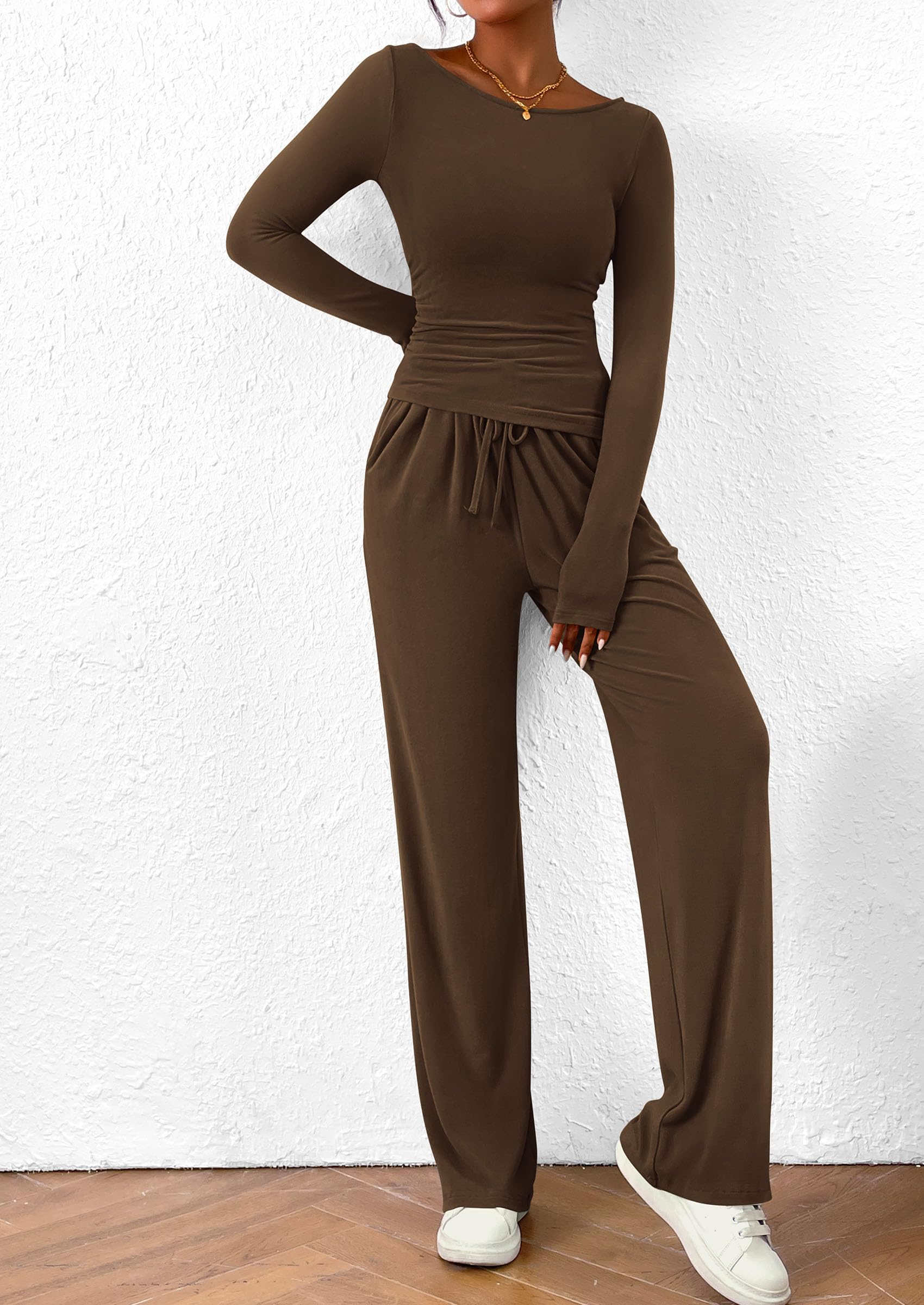 Women's 2 Piece Lounge Sets Airport Outfits(Brown,XS)