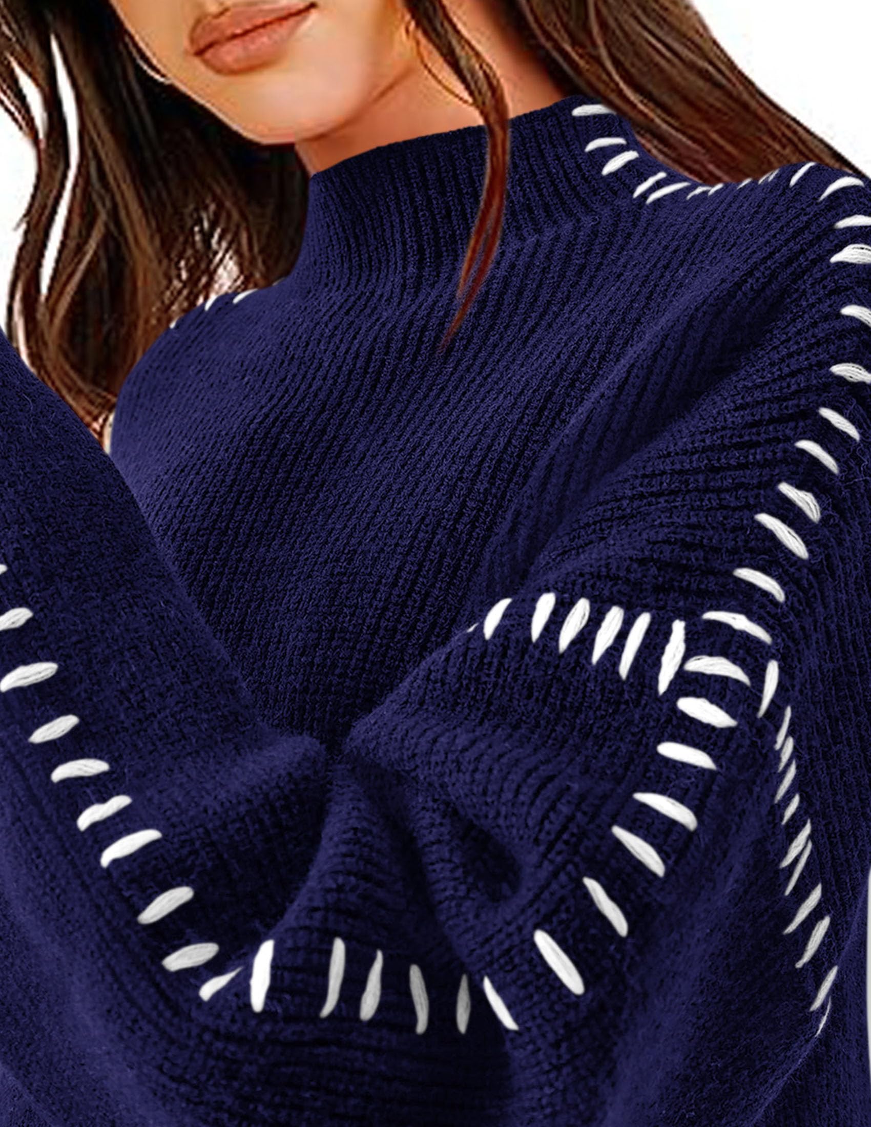 Womens Chunky Knit Oversized Pullover Sweaters,Navy Blue,S