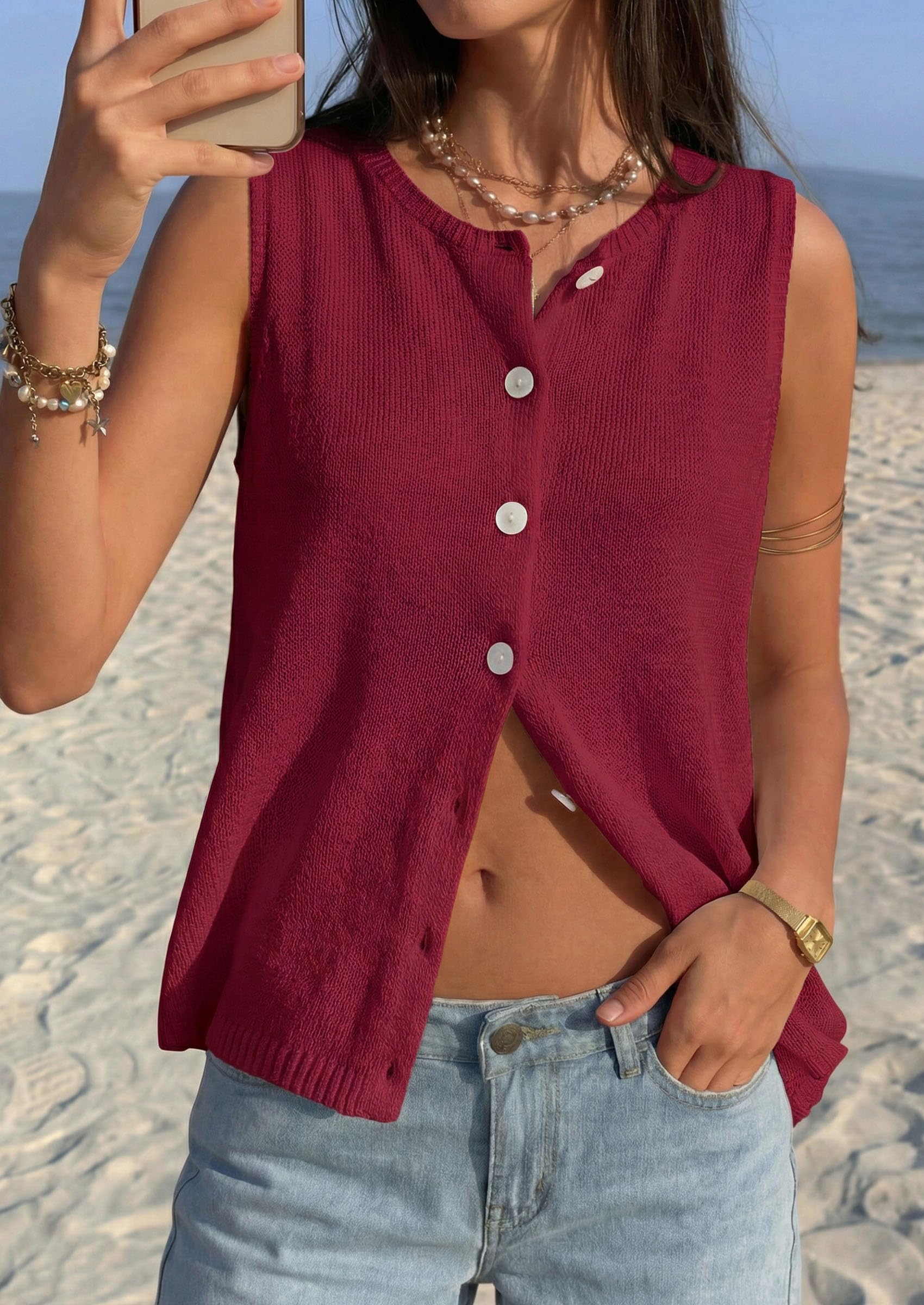 Women's Summer Button Up Sweater Vest Tops,Burgundy,S