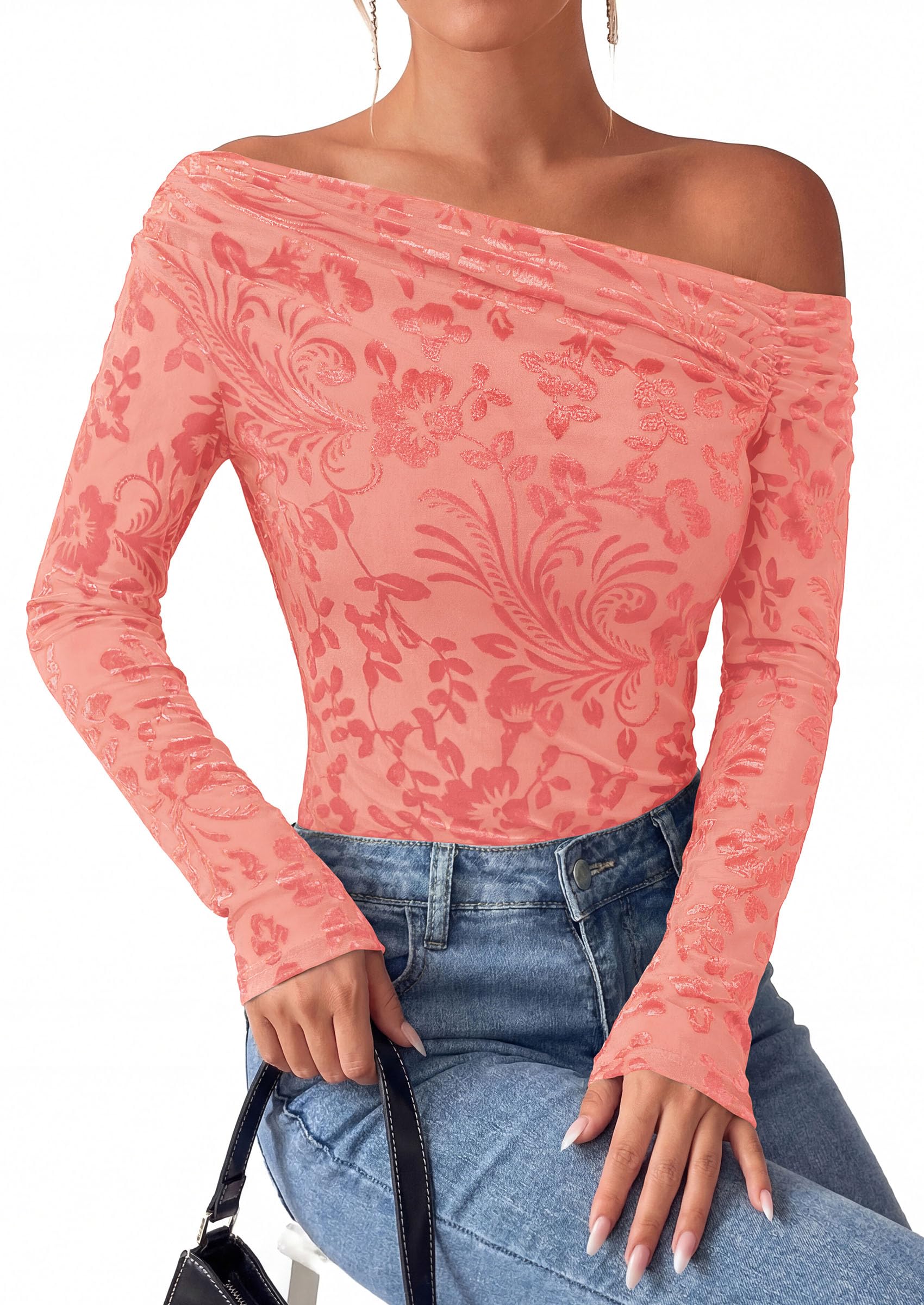 Off the Shoulder Tops for Women Fall Mesh Floral Blouses Pink