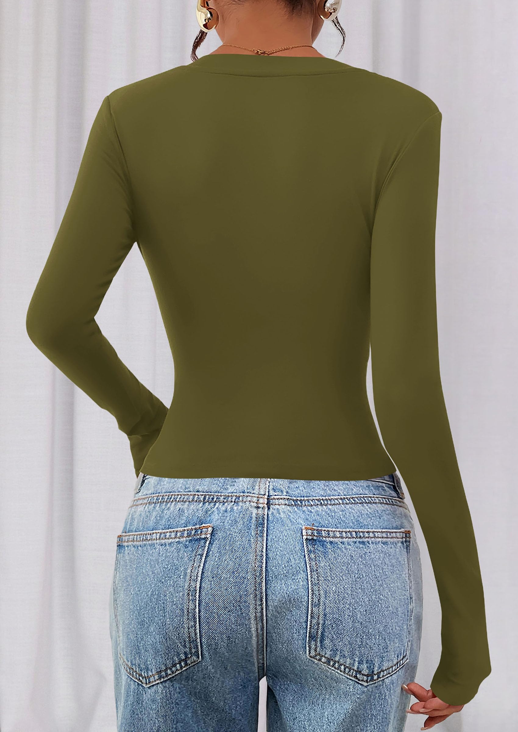 Womens Long Sleeve Slim Fit Crop Tops,Army Green,XS