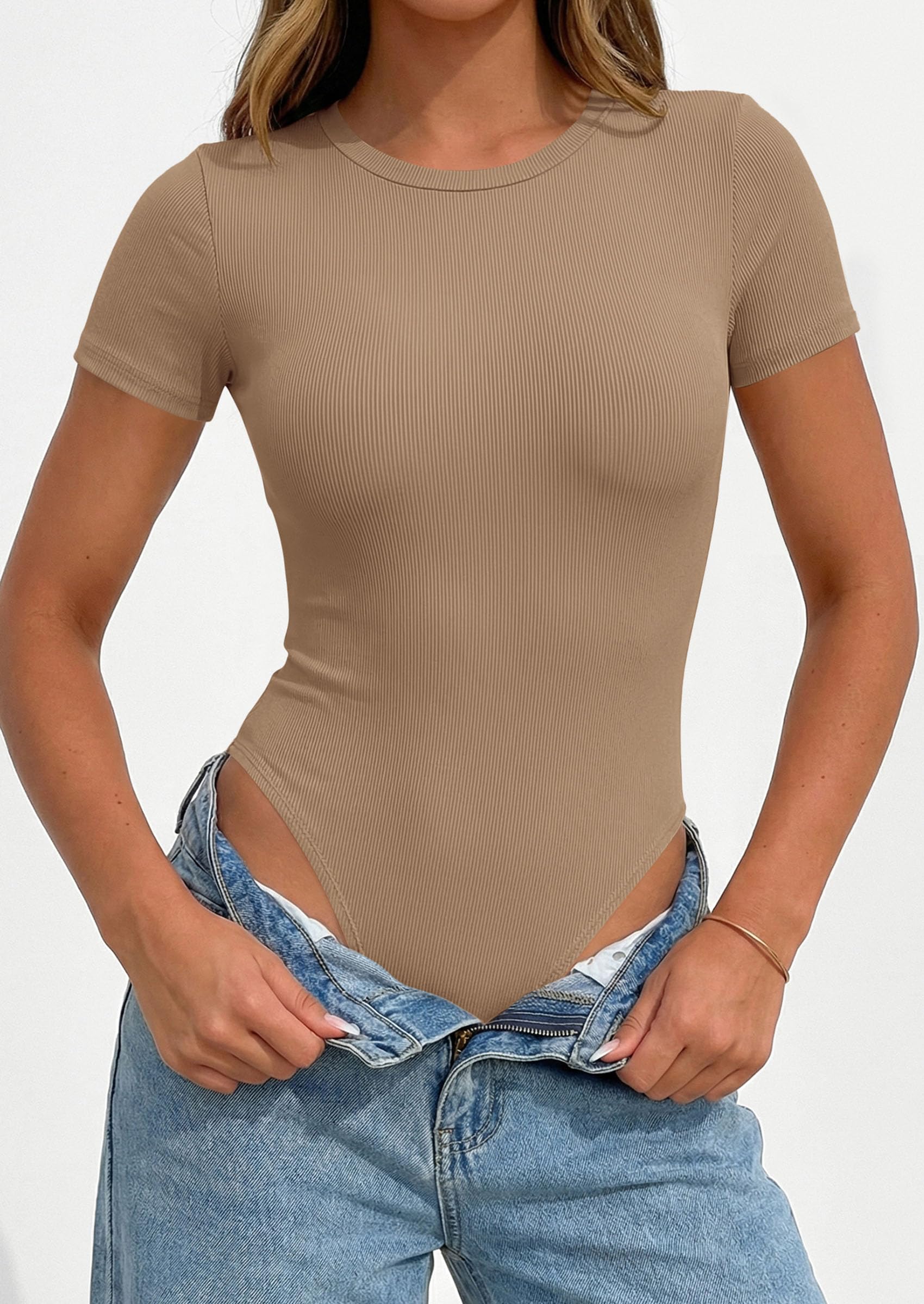 Body Suits for Womens Short Sleeve Summer Tops, Khaki,XS