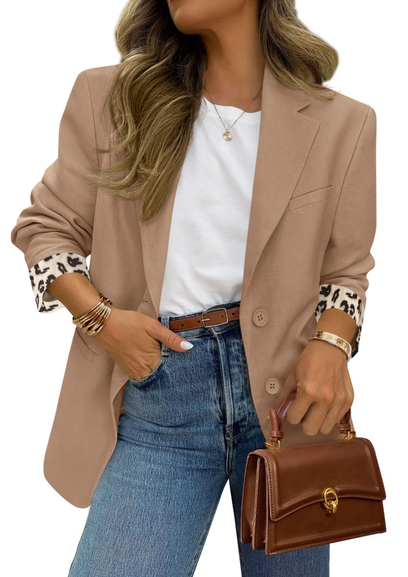 Womens Open Front Leopard Blazers Suit Jackets,Khaki,S