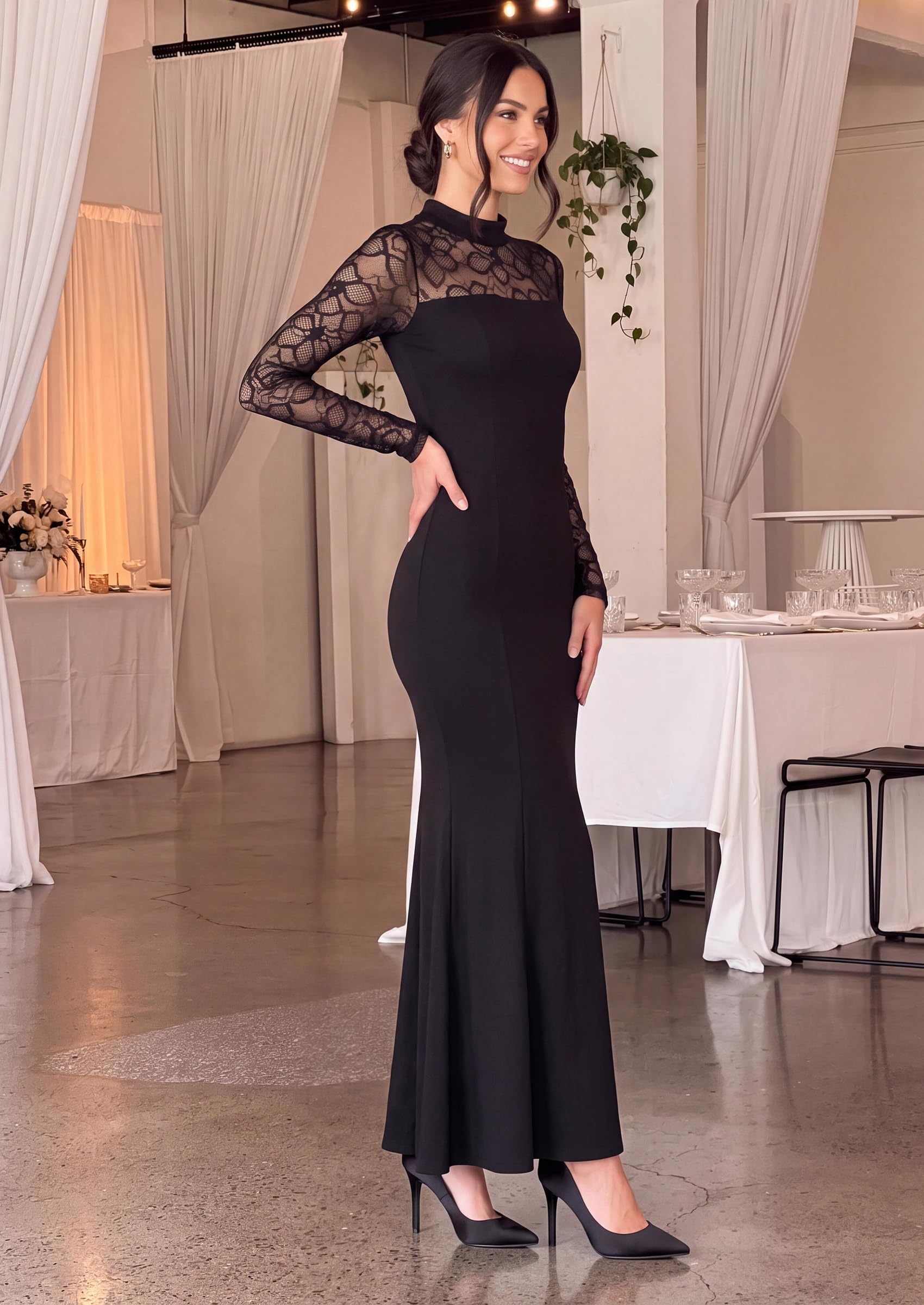 Women's Fall Lace Sheer Dress Bodycon Maxi Cocktail Dresses