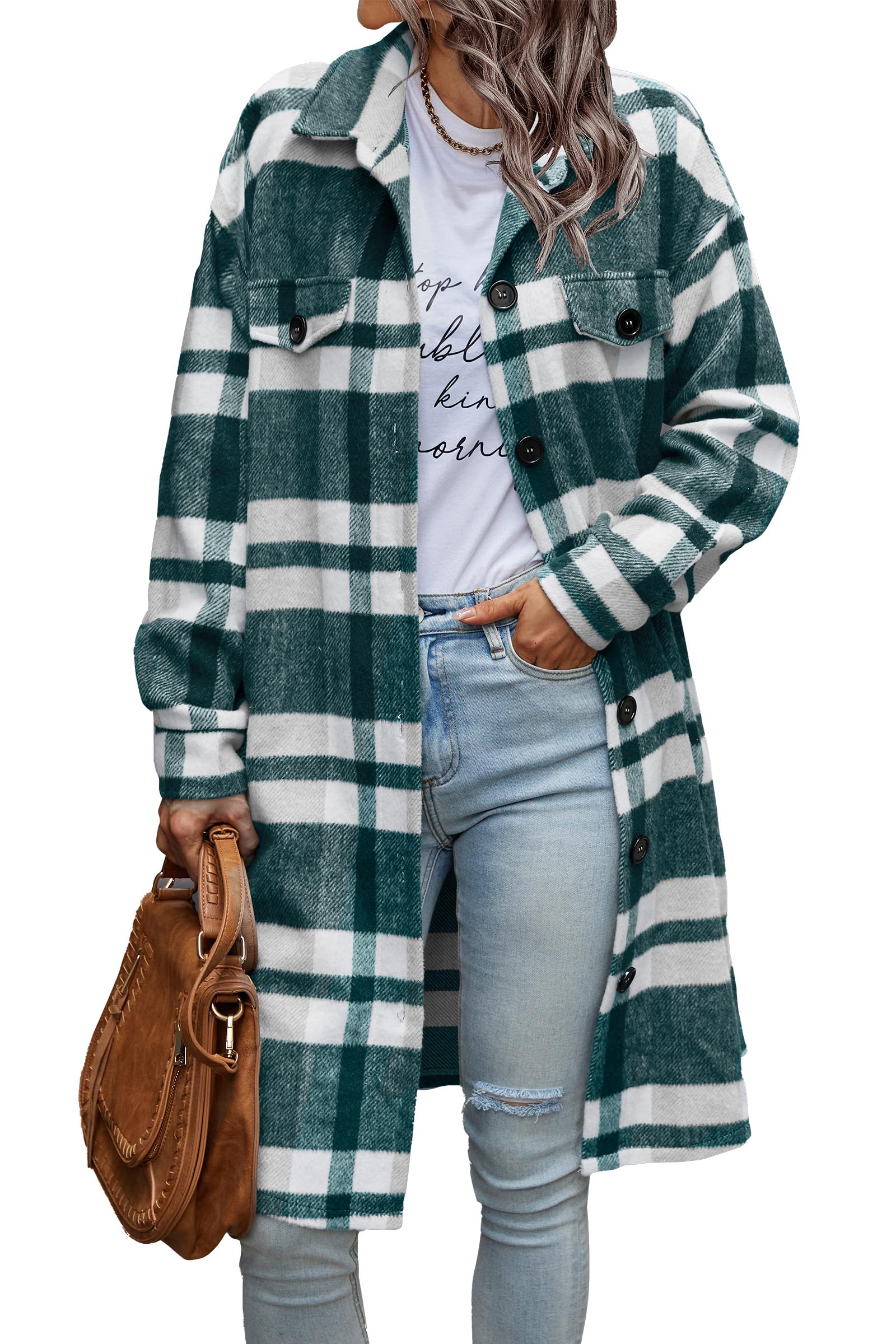 Womens Plaid Shacket Jacket Flannel Shirts,Plaid Dark Green,S