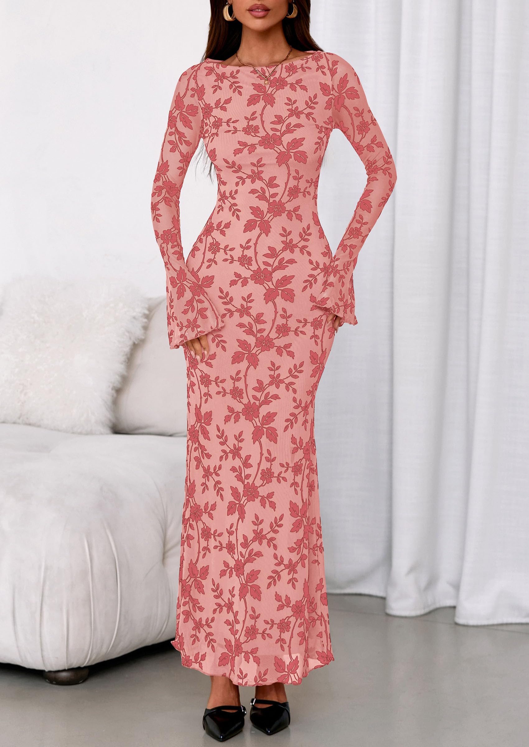 Women's Floral Bodycon Maxi Dress Wedding Guest Dresses Pink