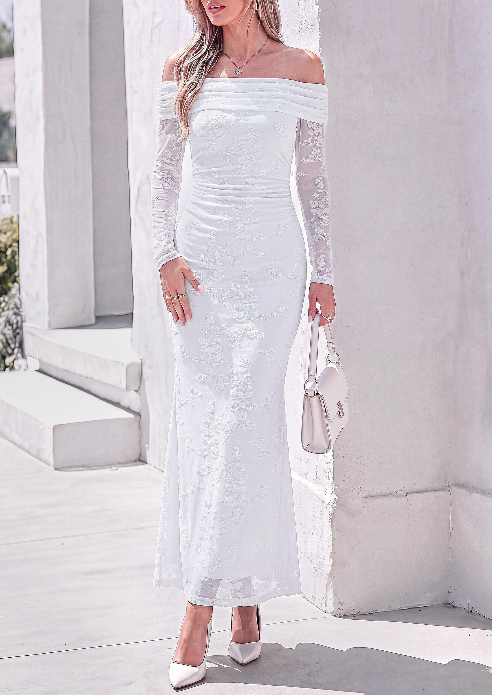 Womens Fall Off Shoulder Floral Maxi Wedding Guest Dress White