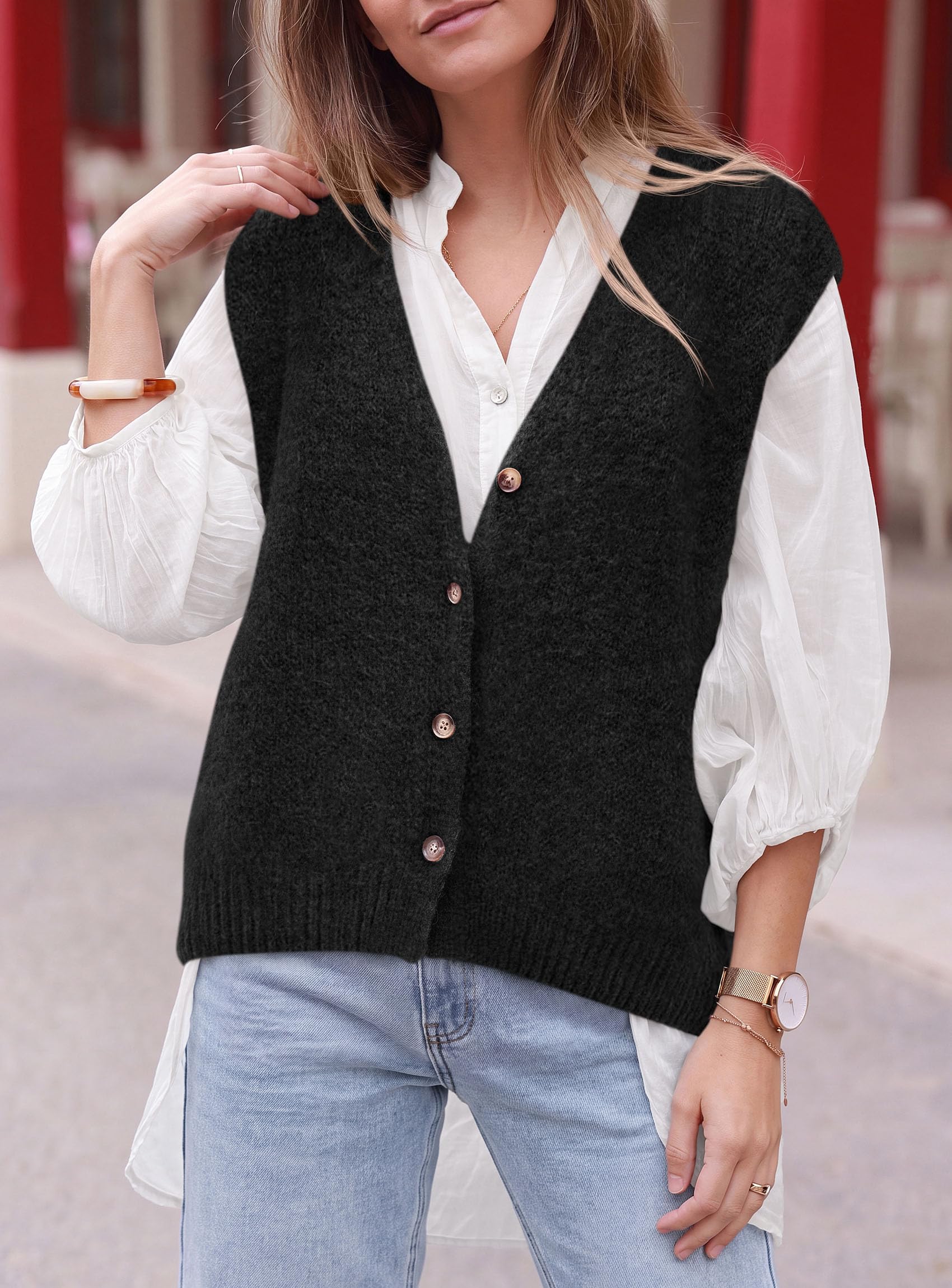 Womens Fall Sleeveless Button Down Sweater Vest,Black,S