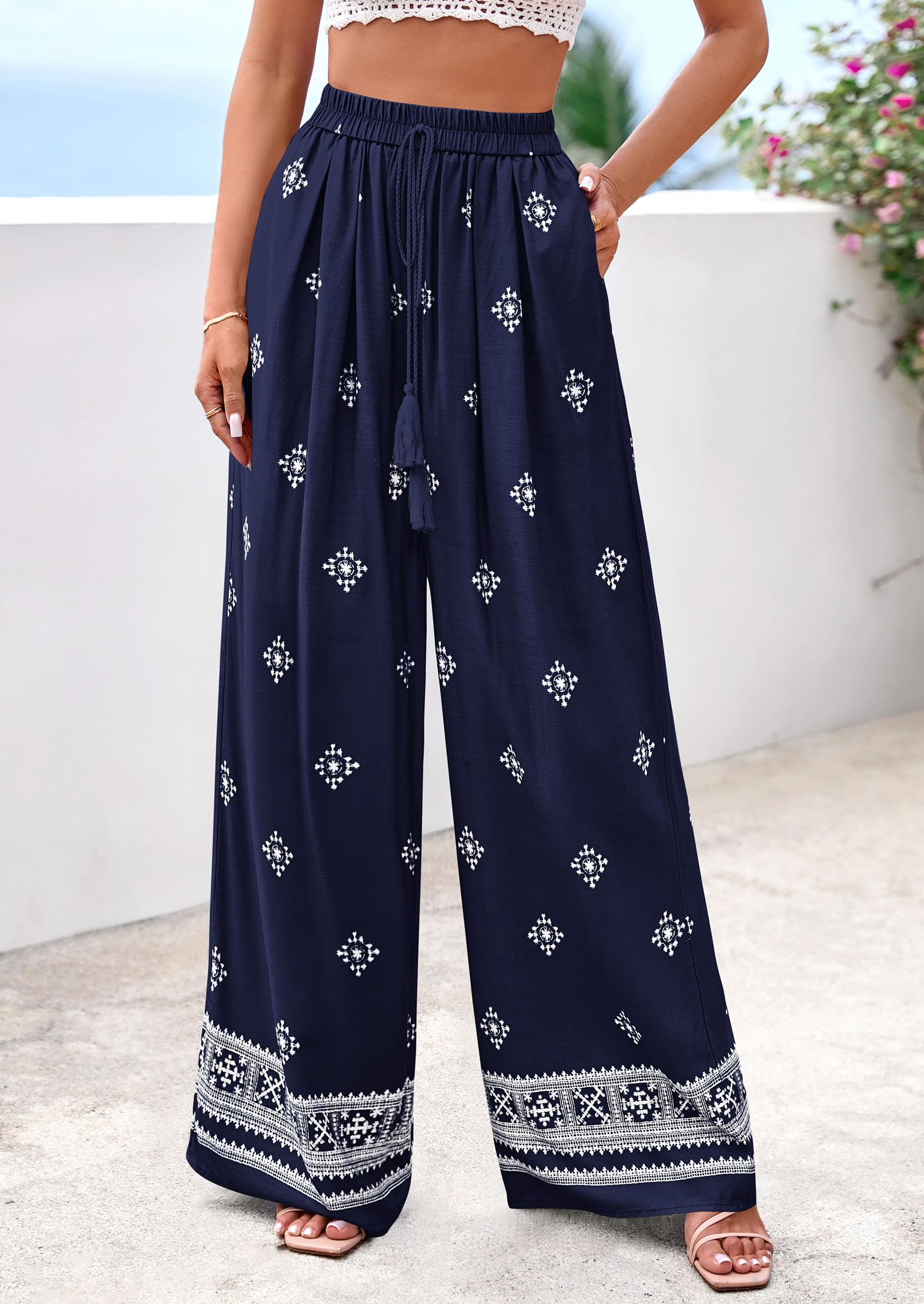 Wide Leg Flowy Boho Pants for Women, Navy Blue,S