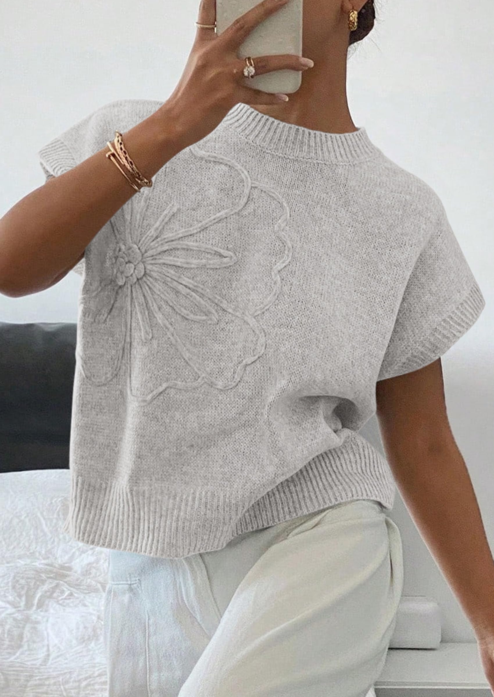 Women's Summer Short Cap Sleeve Sweater Vest (Light Grey,S)