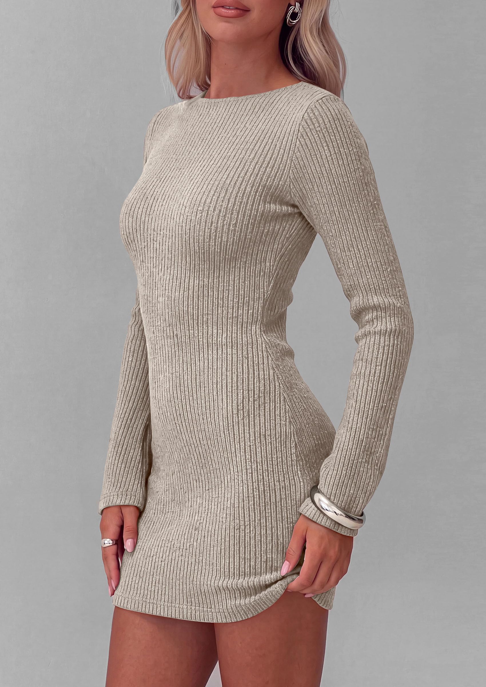 Womens Boat Neck Bell Long Sleeve Mini Sweater Dress Apricot