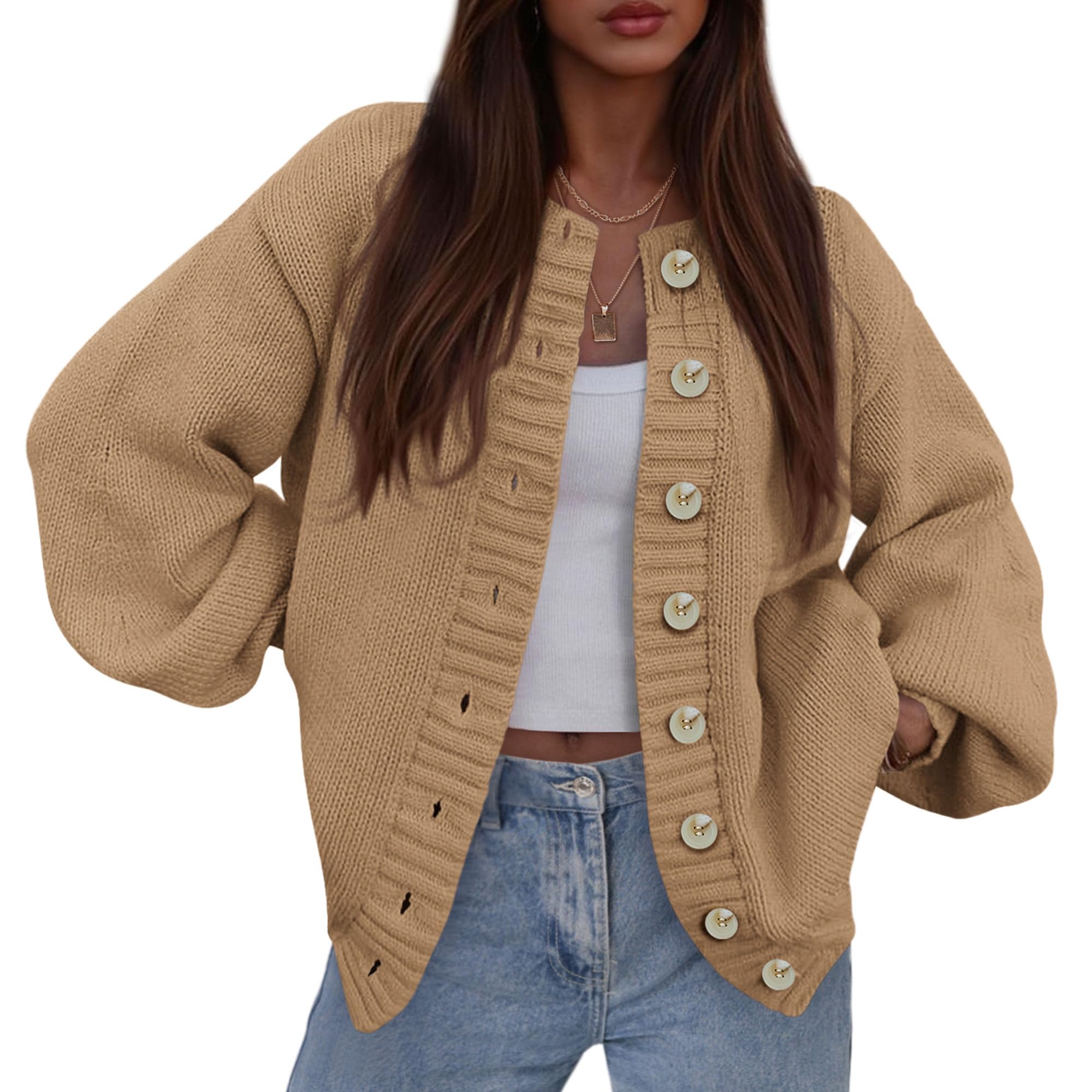 Women's Winter Chunky Cardigan Sweaters (Khaki,Small)