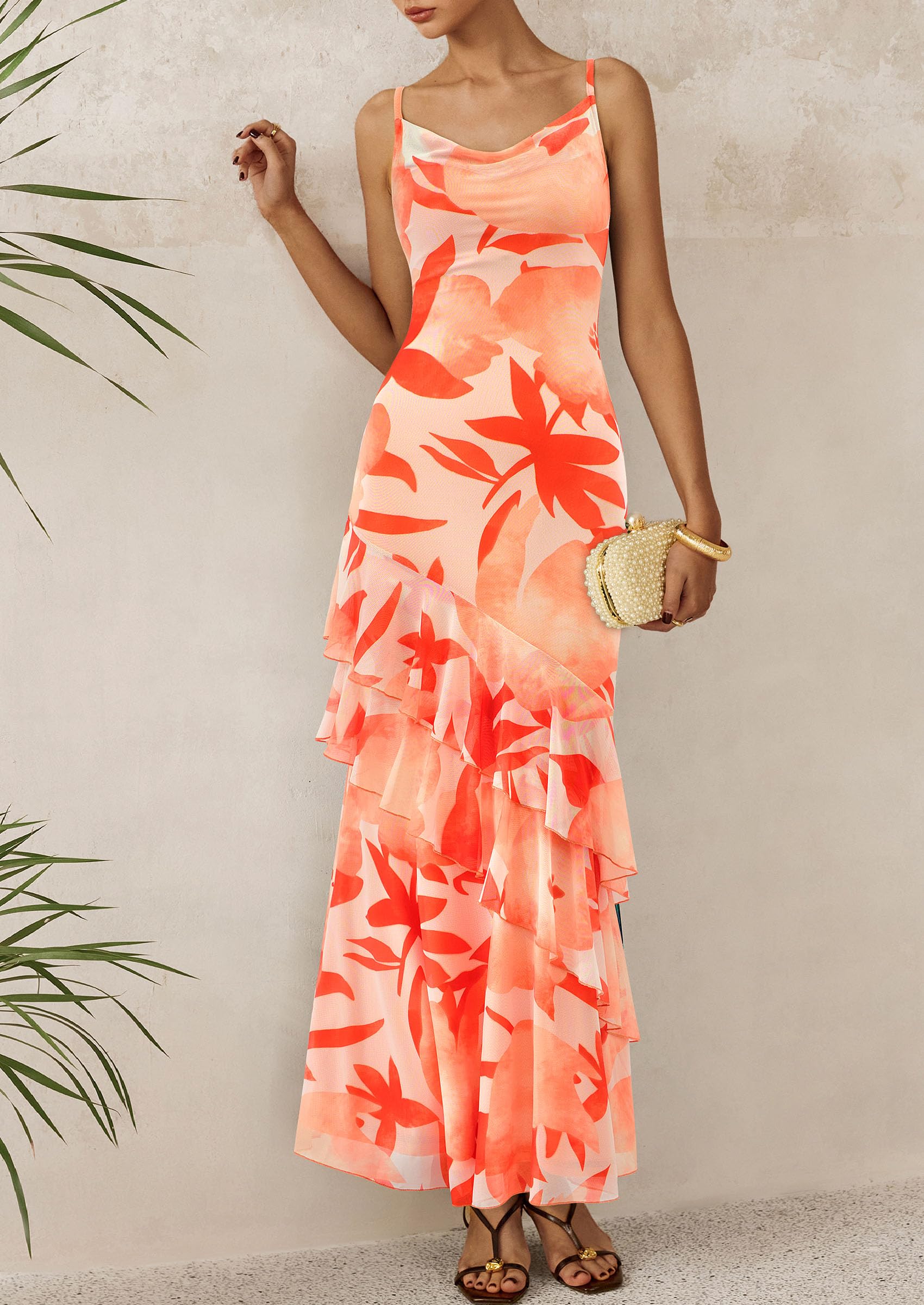 Women's Boho Floral Tiered Maxi Dress, Floral Light Orange,XS