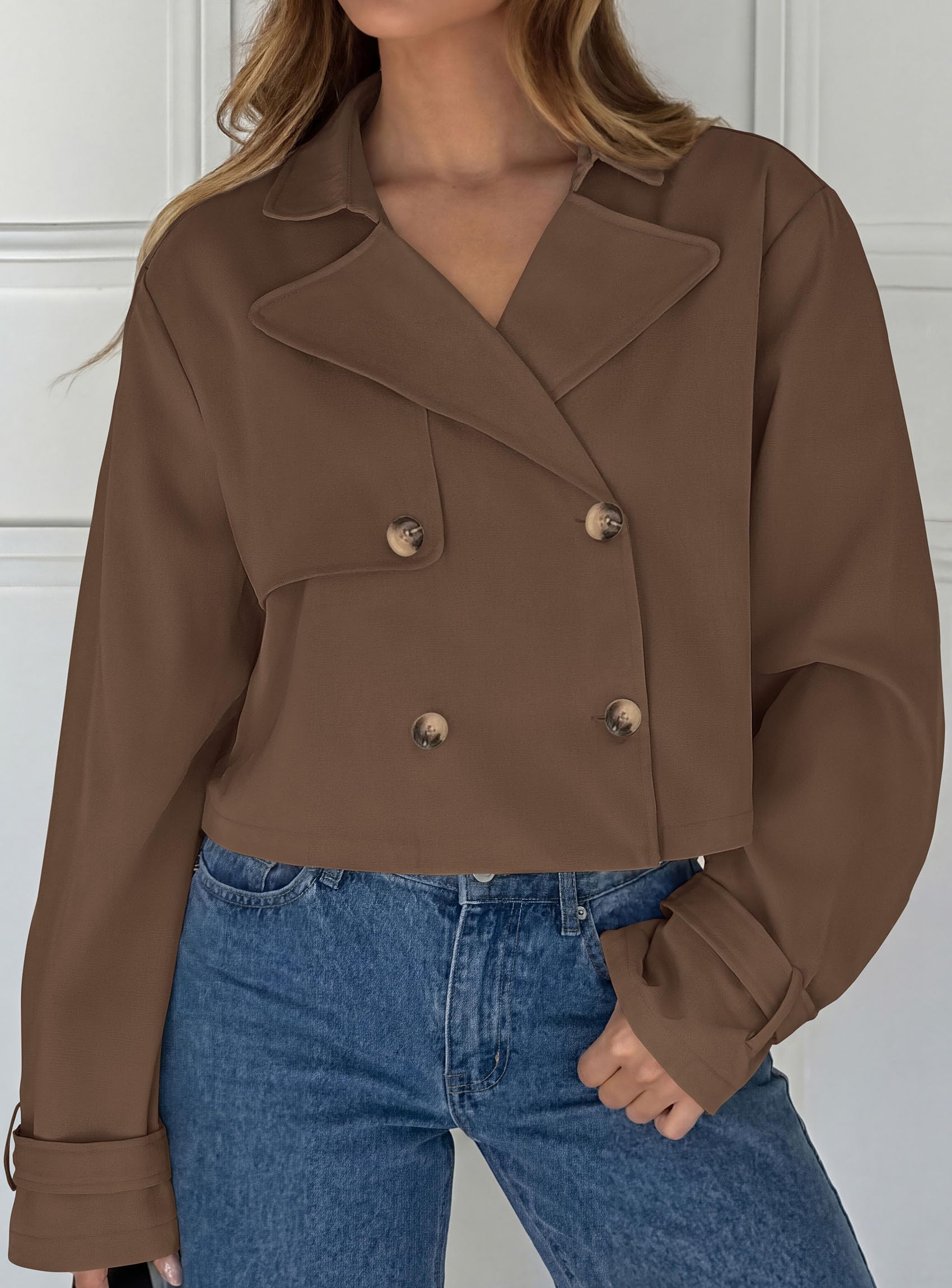 Cropped Trench Coat For Women Short Jacket,Brown,S