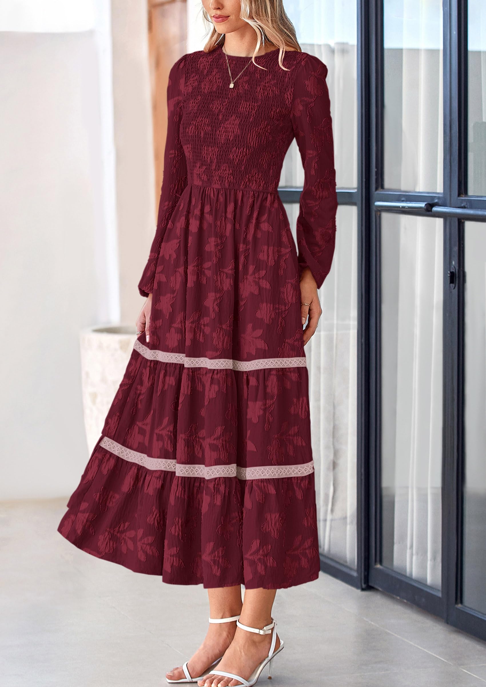 Women's Long Sleeve Boho Floral Midi Dress, Wine Red,S