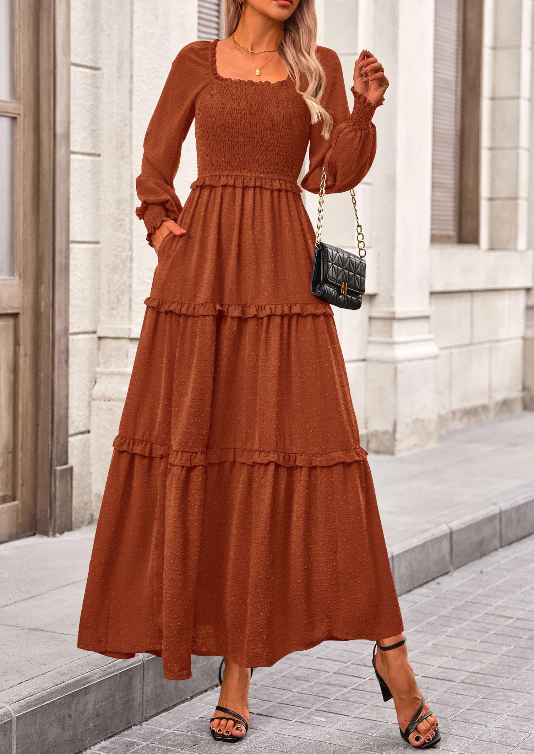 Women's Smocked Long Sleeve Maxi Dress Wedding Guest Dresses