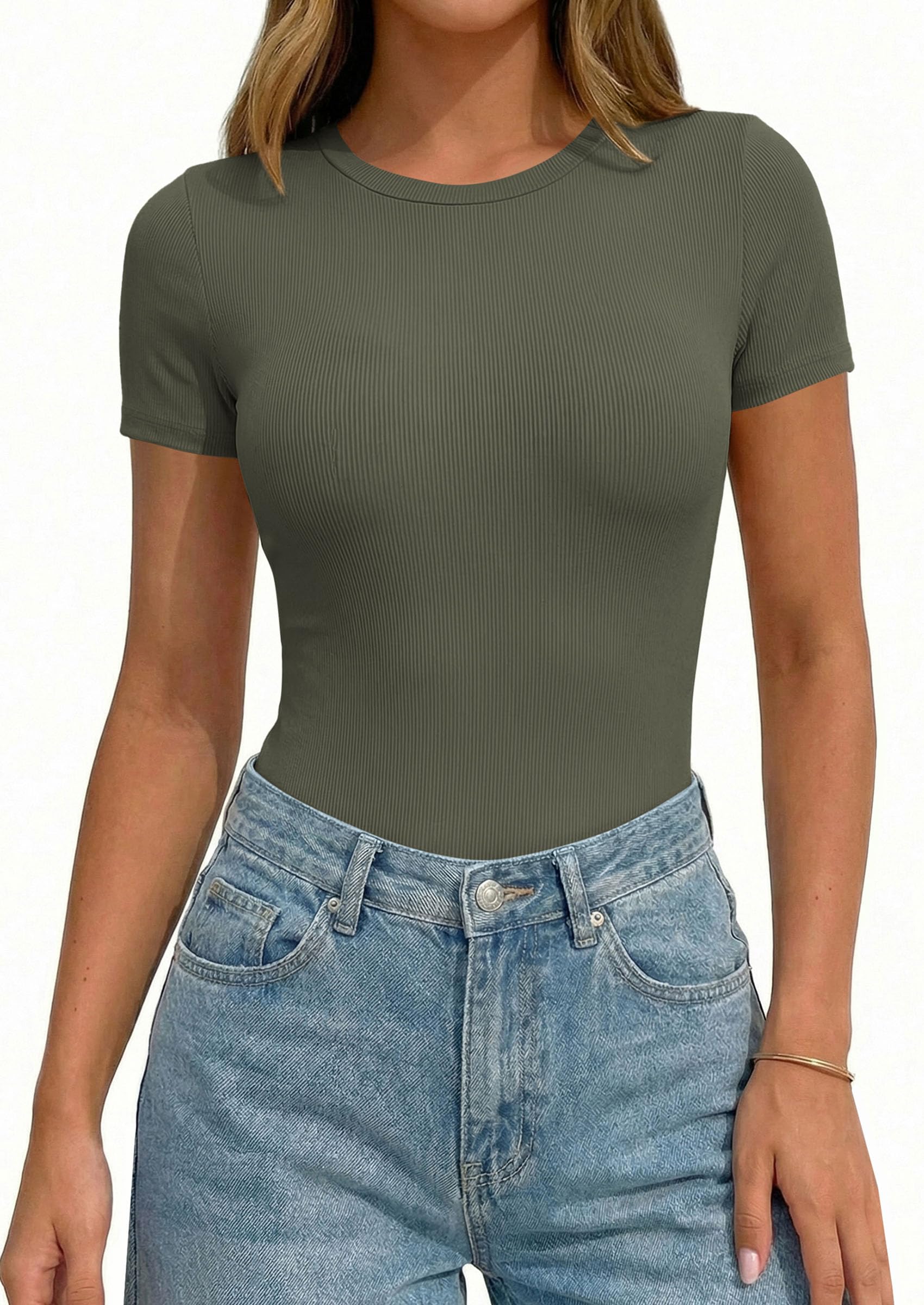 Body Suits for Womens Short Sleeve Summer Tops, Army Green,XS