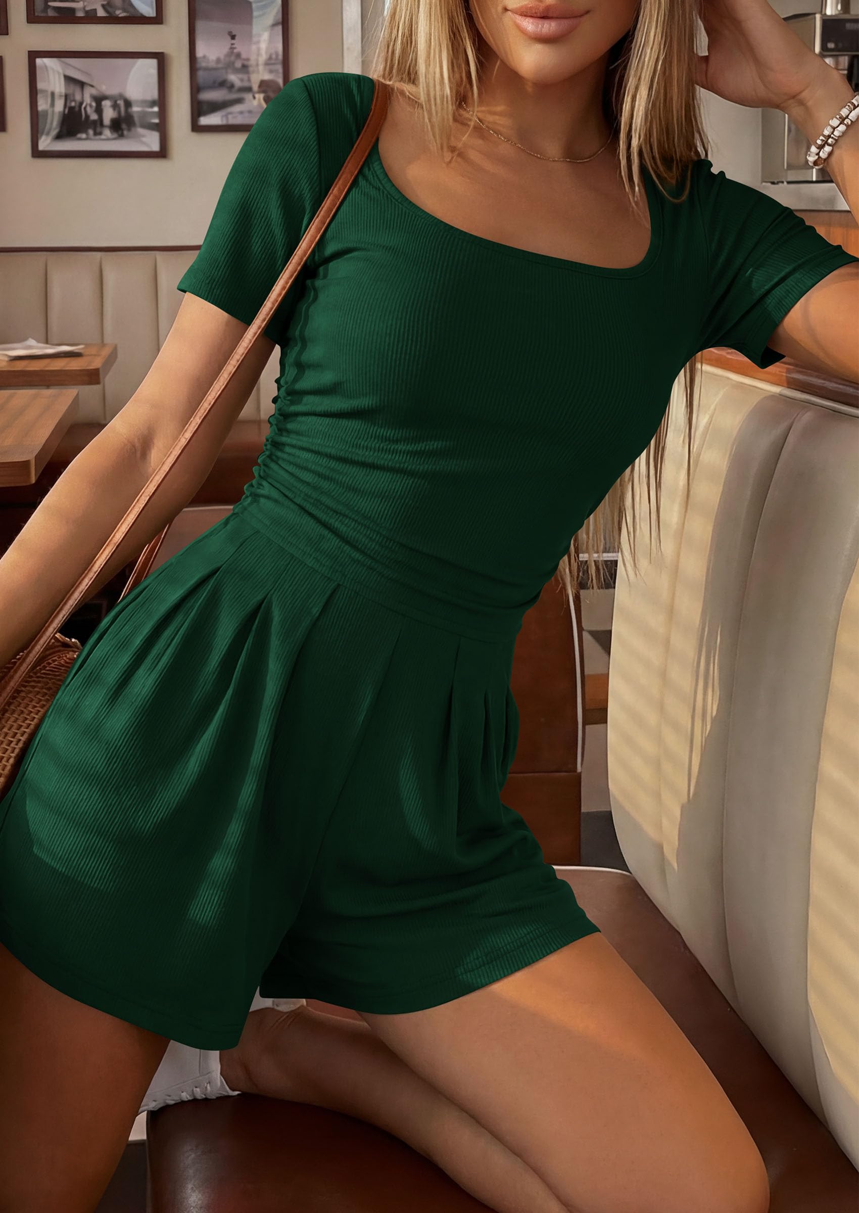 Womens One Piece Short Sleeve Rompers,Dark Green,S