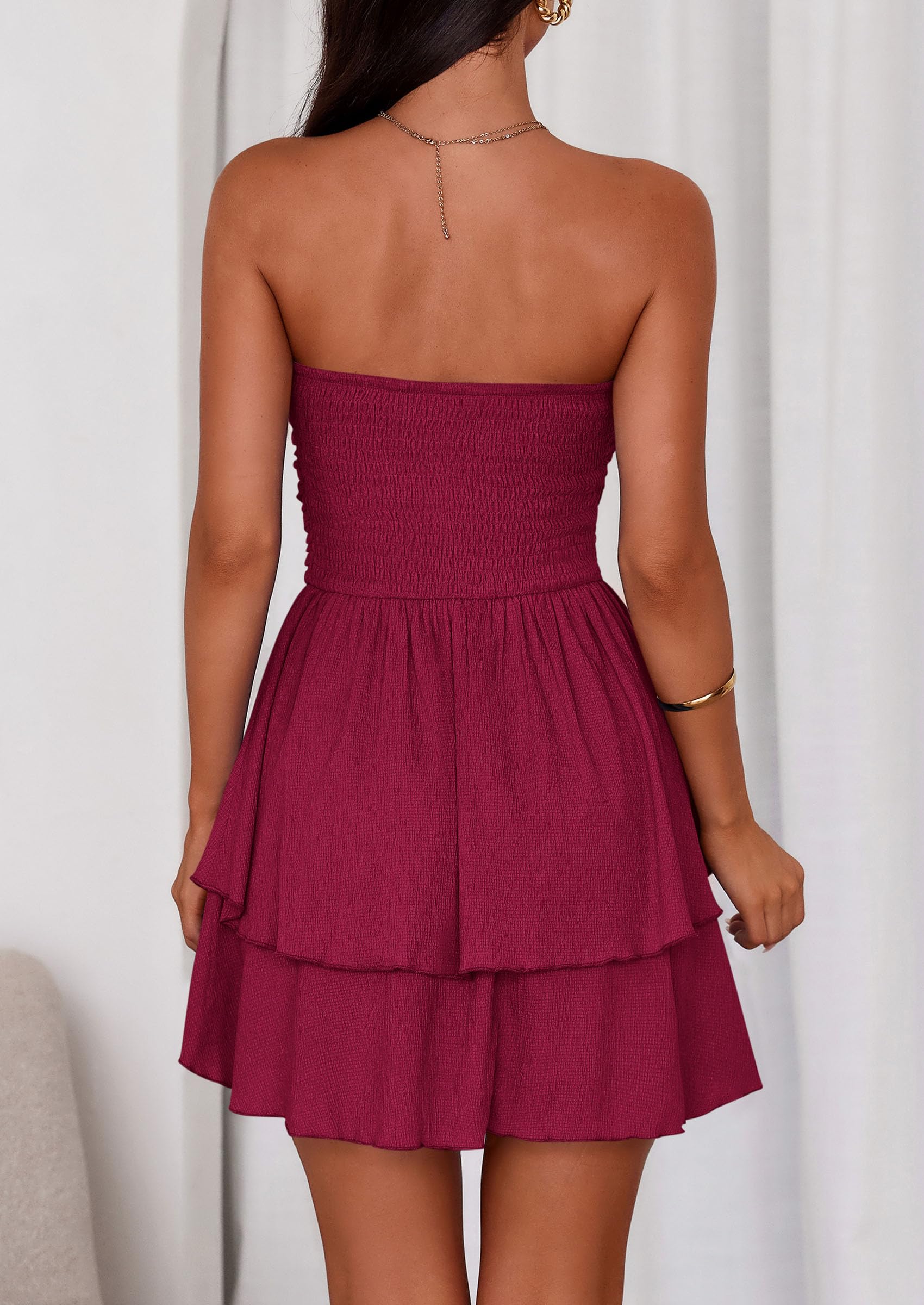 Women's Summer Strapless Flowy Mini Dresses (Burgundy,S)