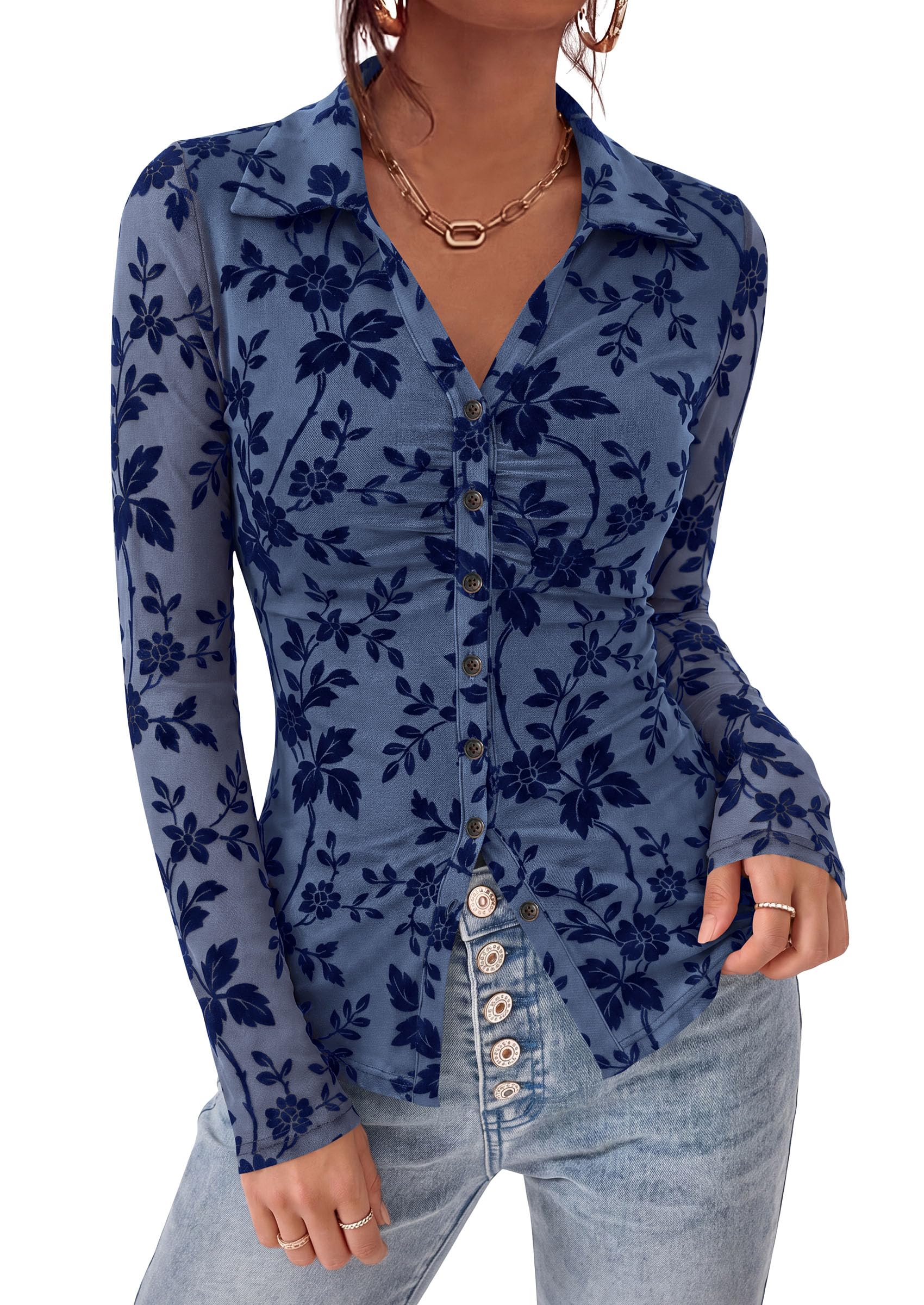 Women's Long Sleeve Floral Mesh Boho Tops Button Down Shirts