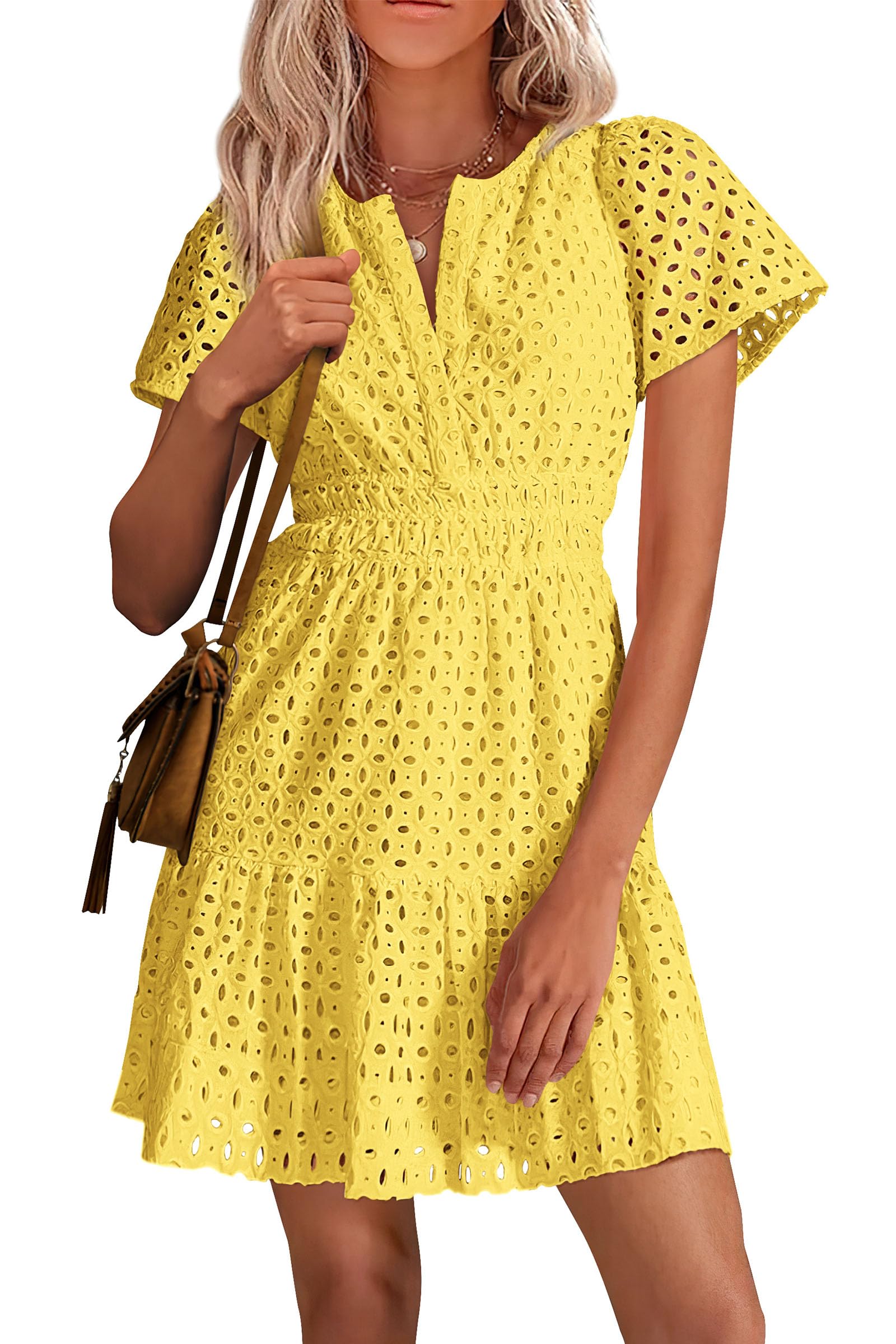 Womens 2025 Summer Short Dress V Neck Short Sleeve A Line Hollow Out Lace Ruffle Cute Casual Beach Party Dresses (Yellow,Small)