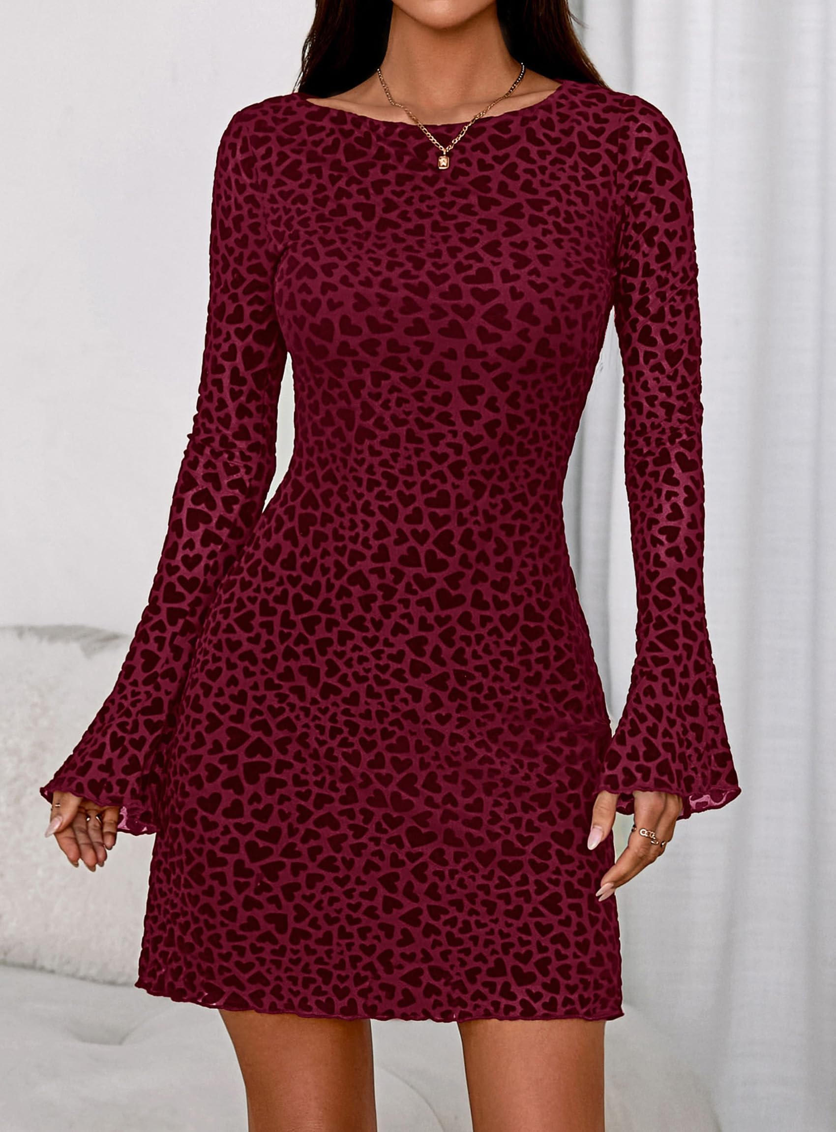 Women's Fall Floral Long Sleeve Mini Dress (Wine Red,XS)
