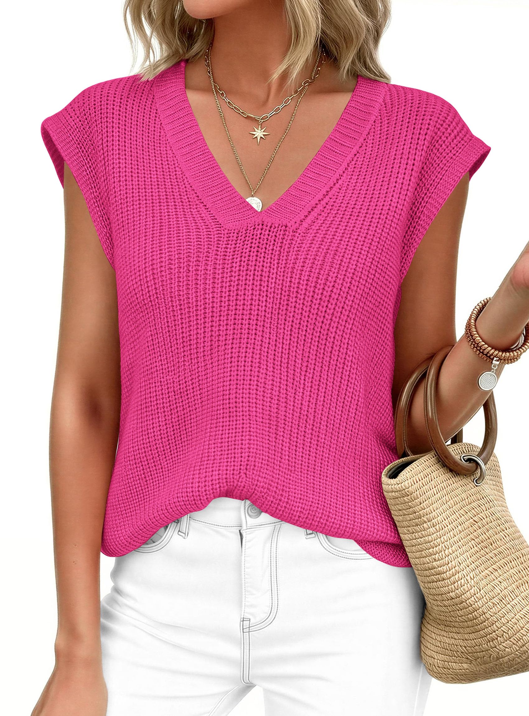 Women's Cap Sleeve Sweaters Vest Summer Tops (Rose Red,S)