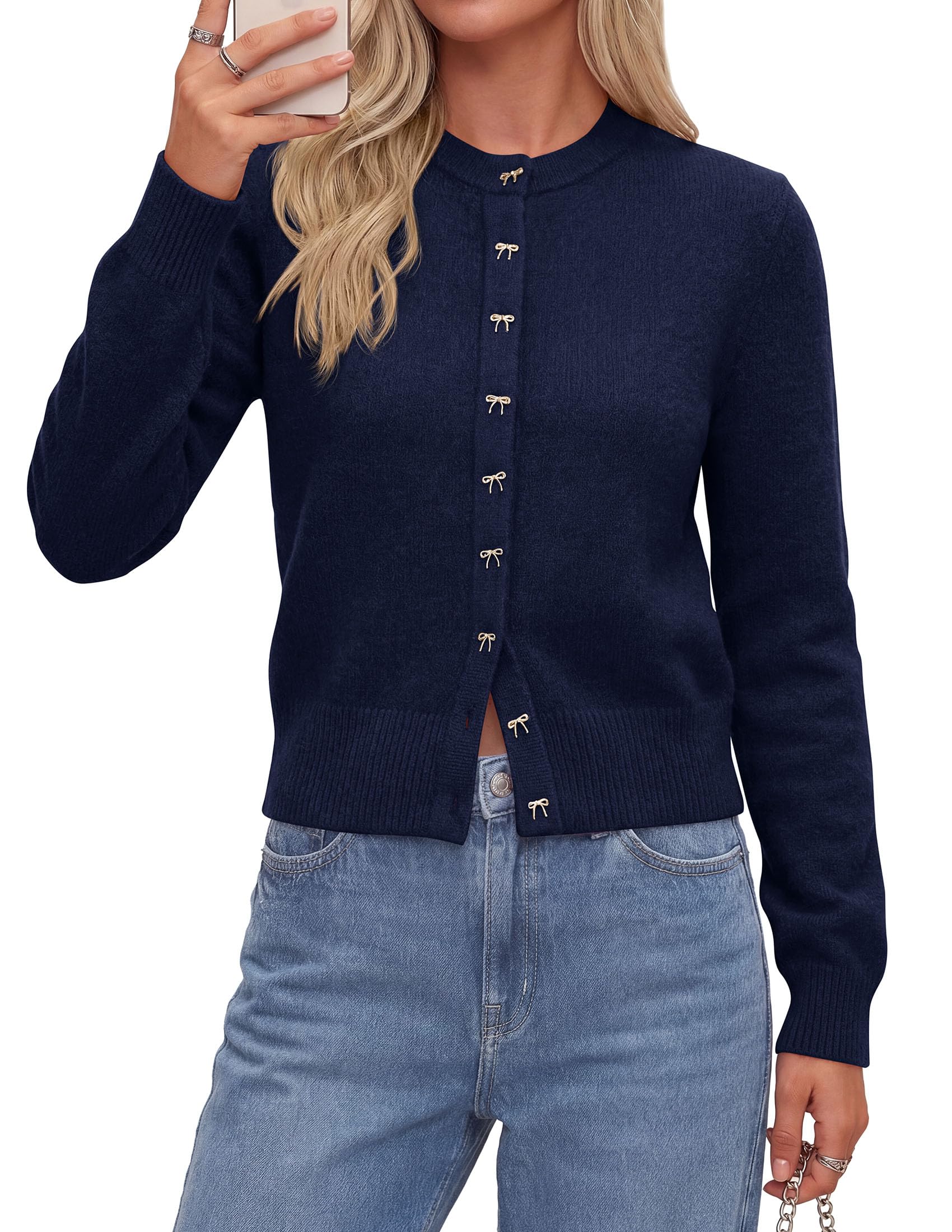 Cardigan Sweaters for Women Cropped Bow Button Up Cardigan