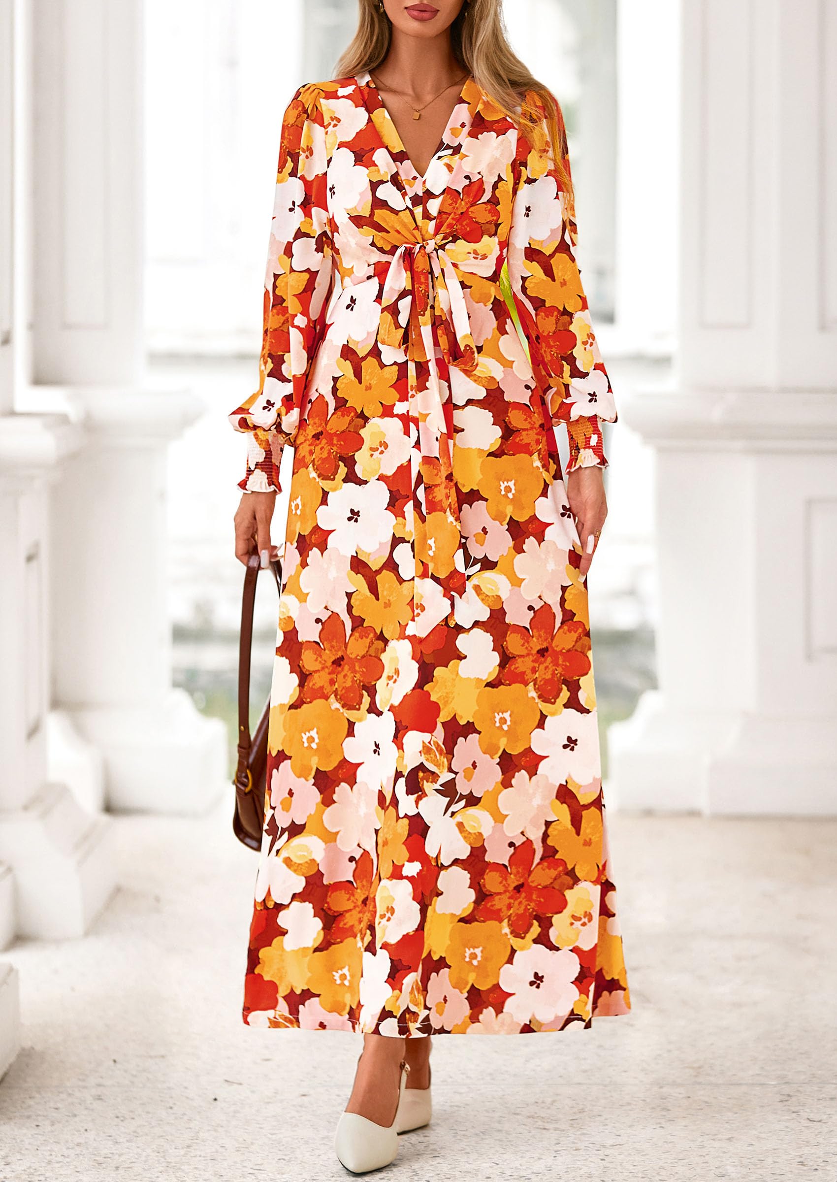 Women's Tie Waist Floral Maxi Dress,Floral Orange,S
