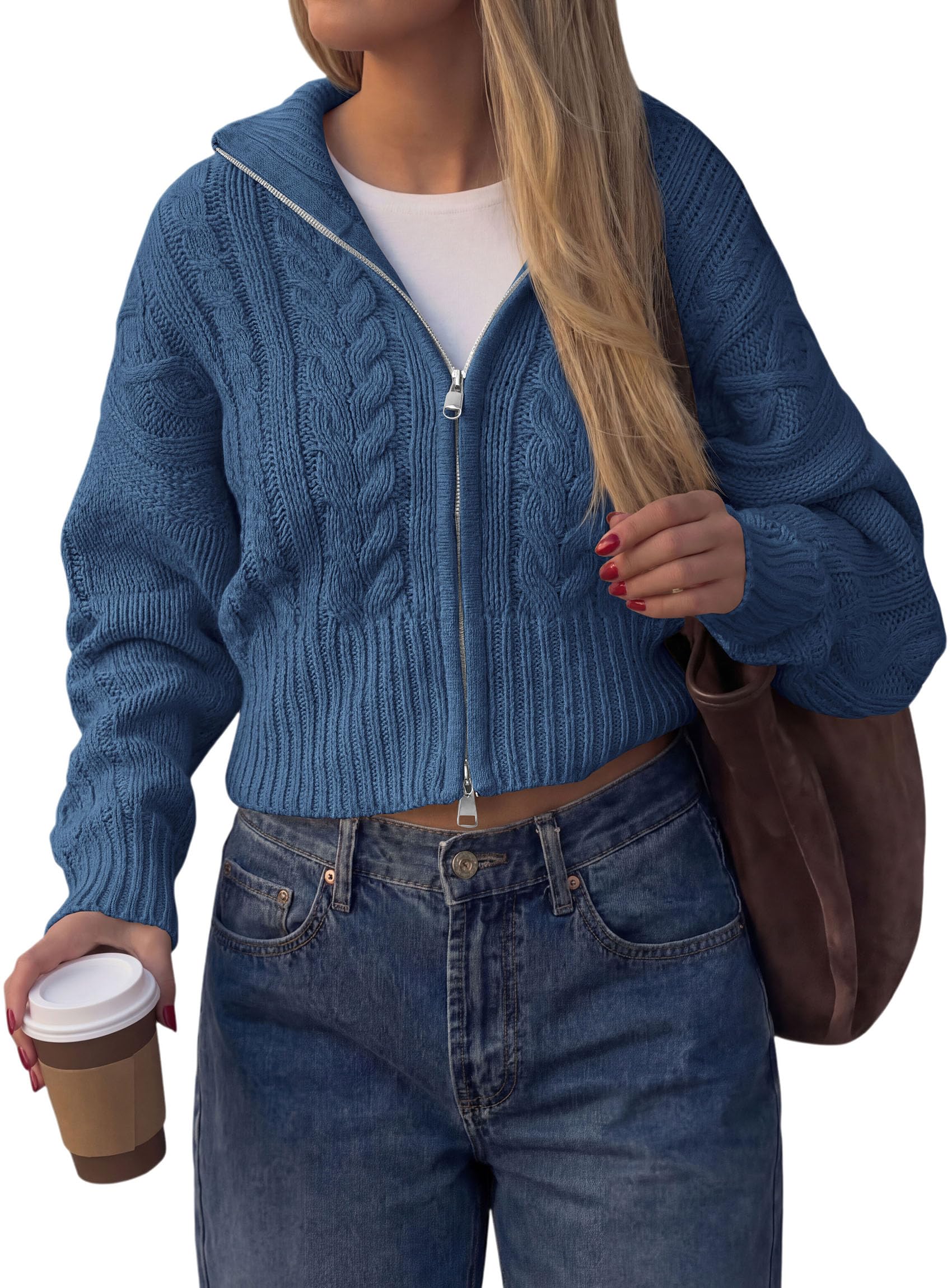Women's Zip Up Cardigan Sweaters Cropped Jackets Fall Outfits
