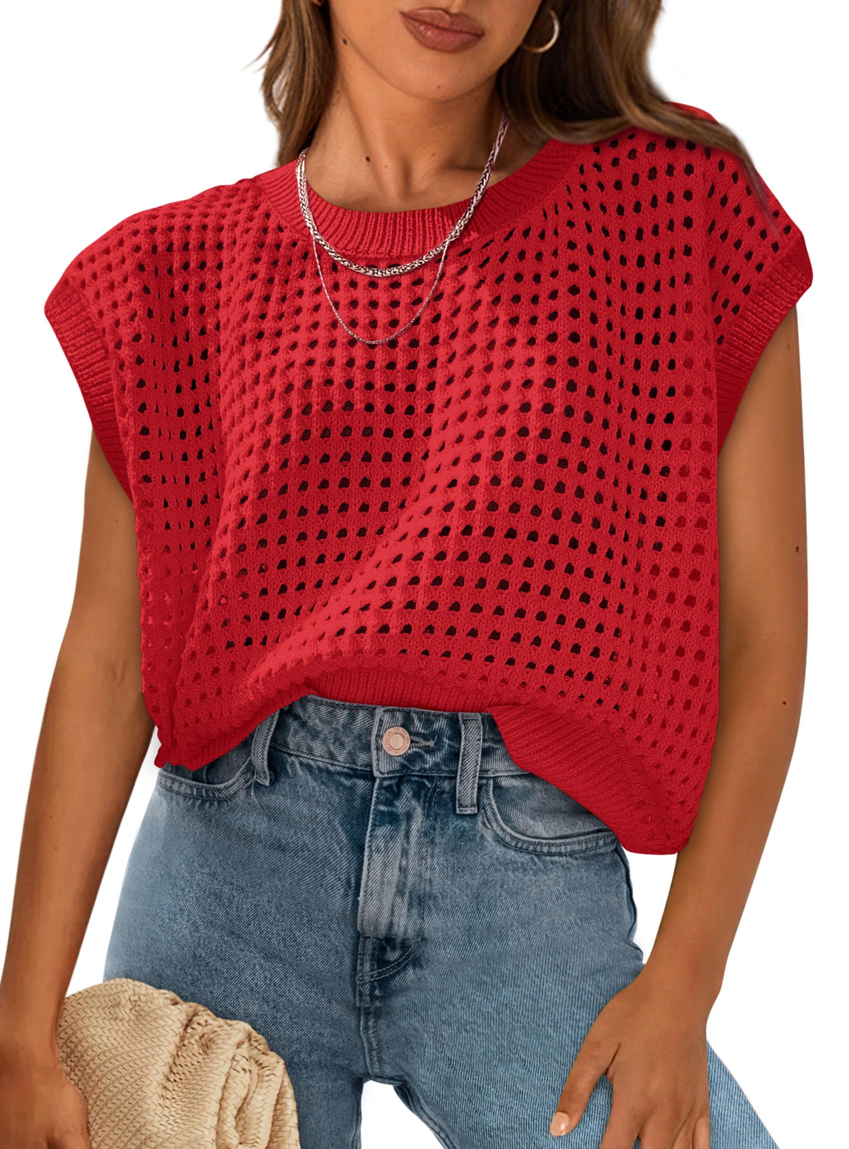 Women's Summer Crochet Cap Sleeve Sweater Tops,Dark Orange,S